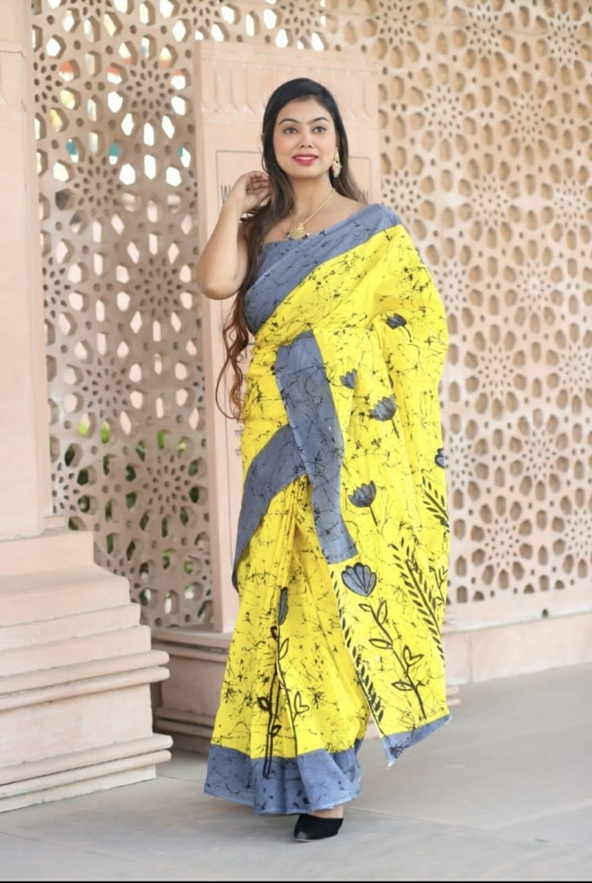 Yellow Grey Flower Print Mulmul Cotton Saree