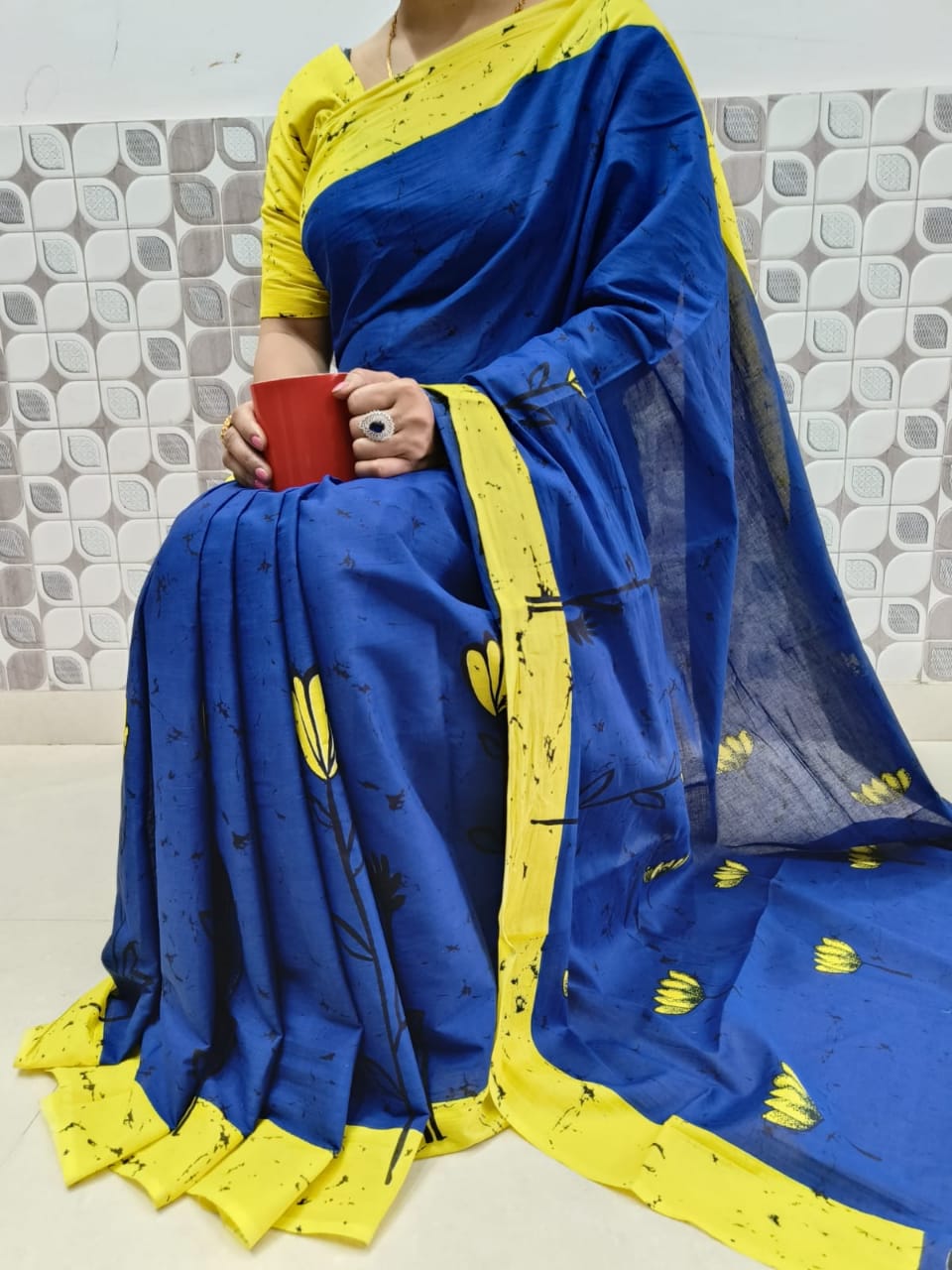 Blue Yellow Bagru Hand Block Print Mulmul Saree