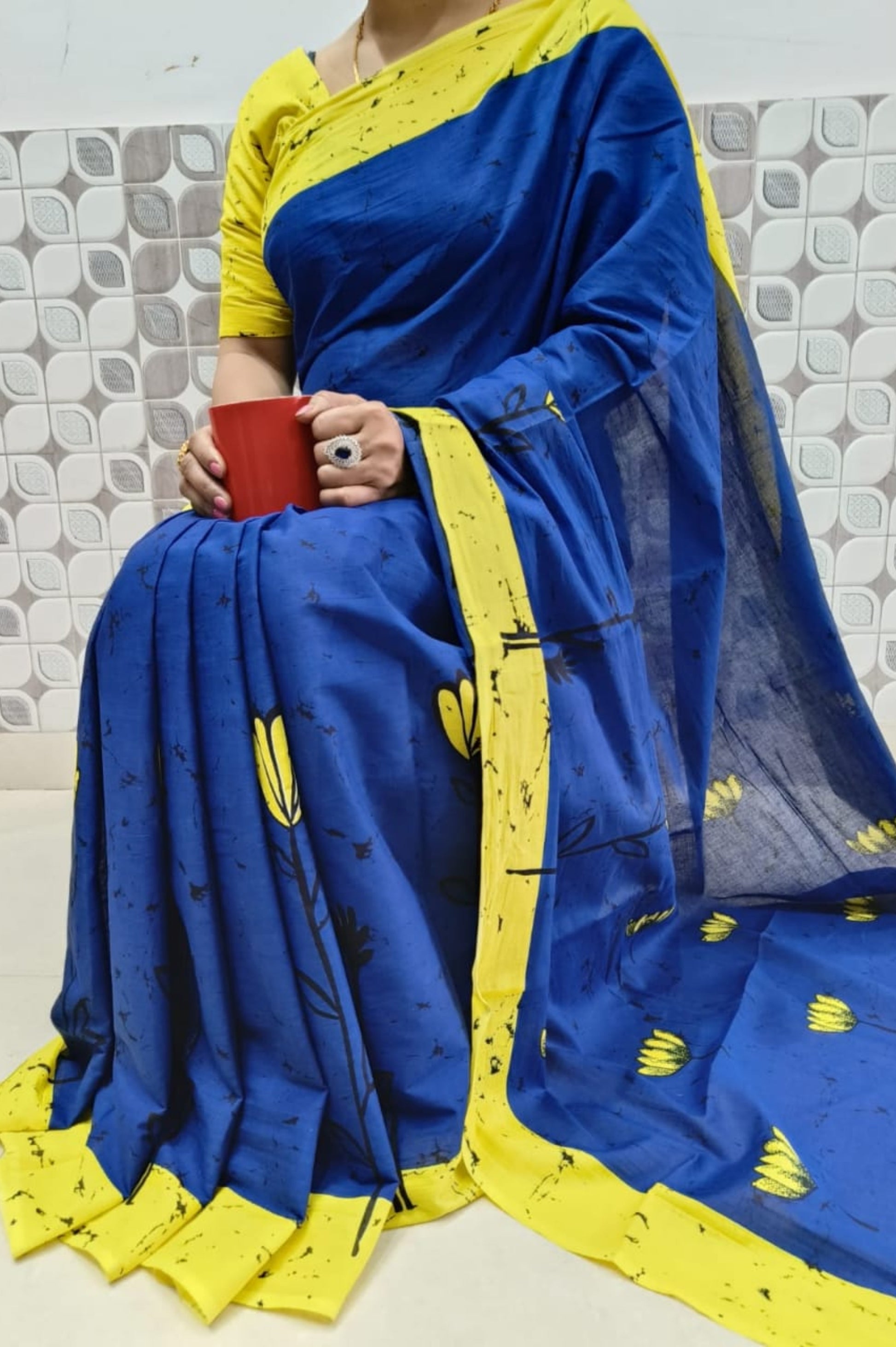 Blue Yellow Bagru Hand Block Print Mulmul Saree