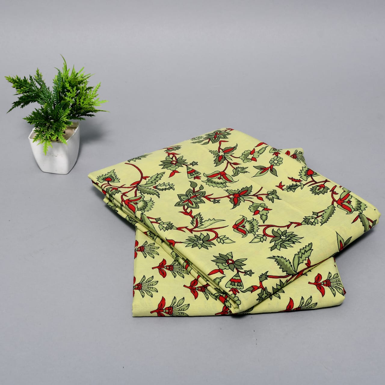 Yellow Red Leaves & Berries Print Cotton Suit Set