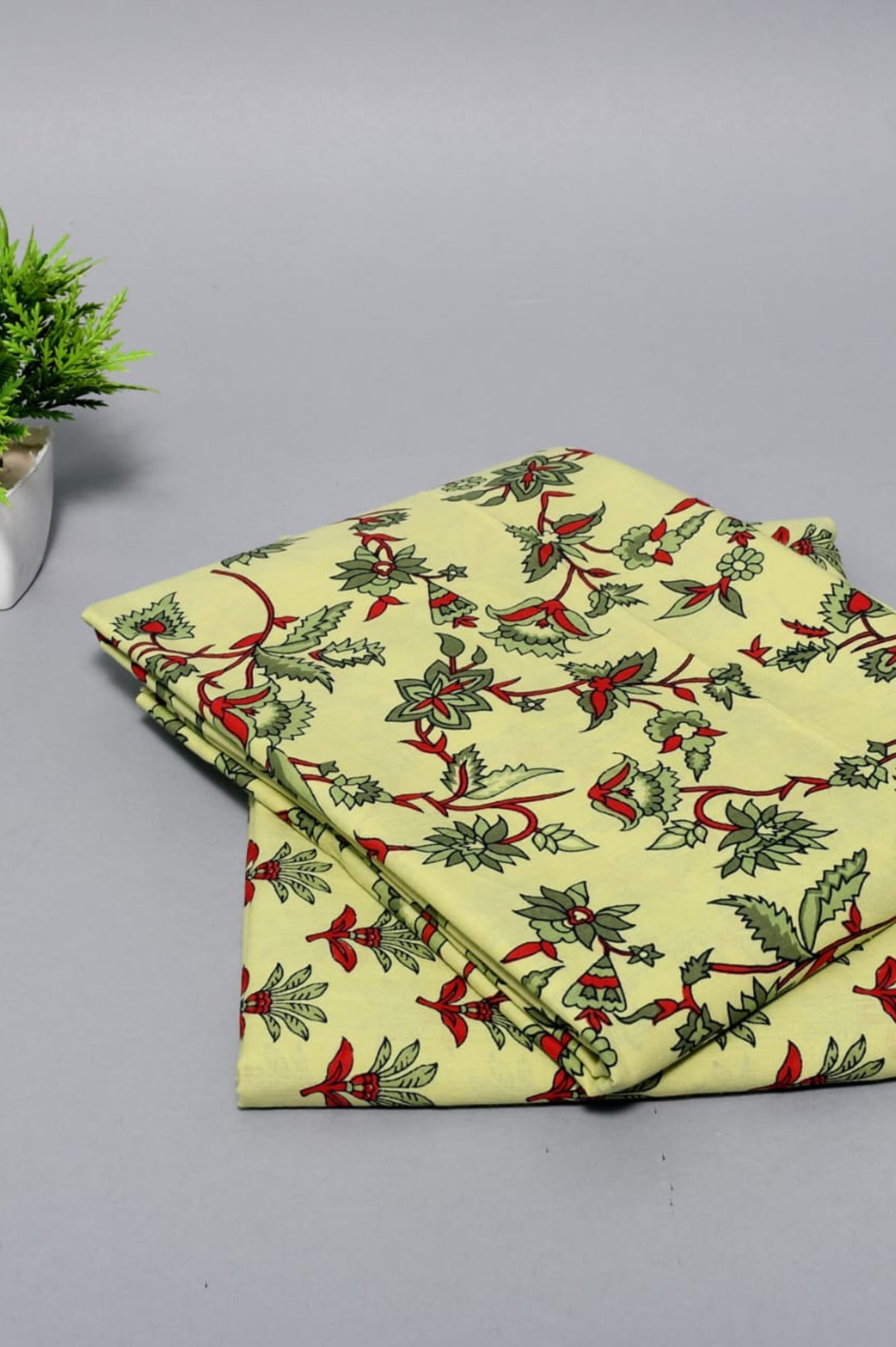 Yellow Red Leaves & Berries Print Cotton Suit Set