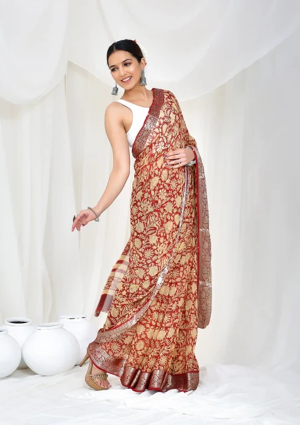 Mocha Mirage Blockprint Saree