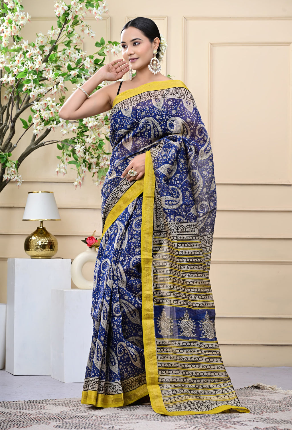 Sunpetal Sky Blockprinted Saree