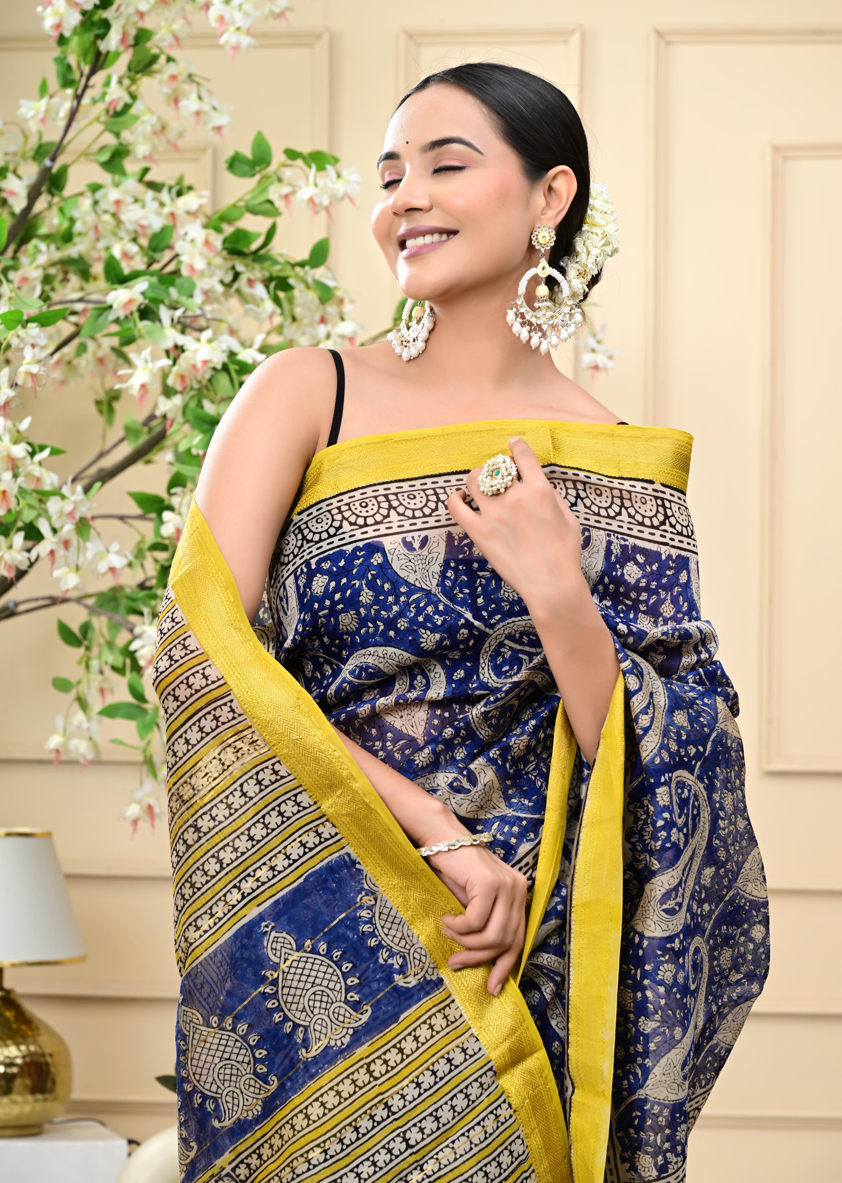 Sunpetal Sky Blockprinted Saree