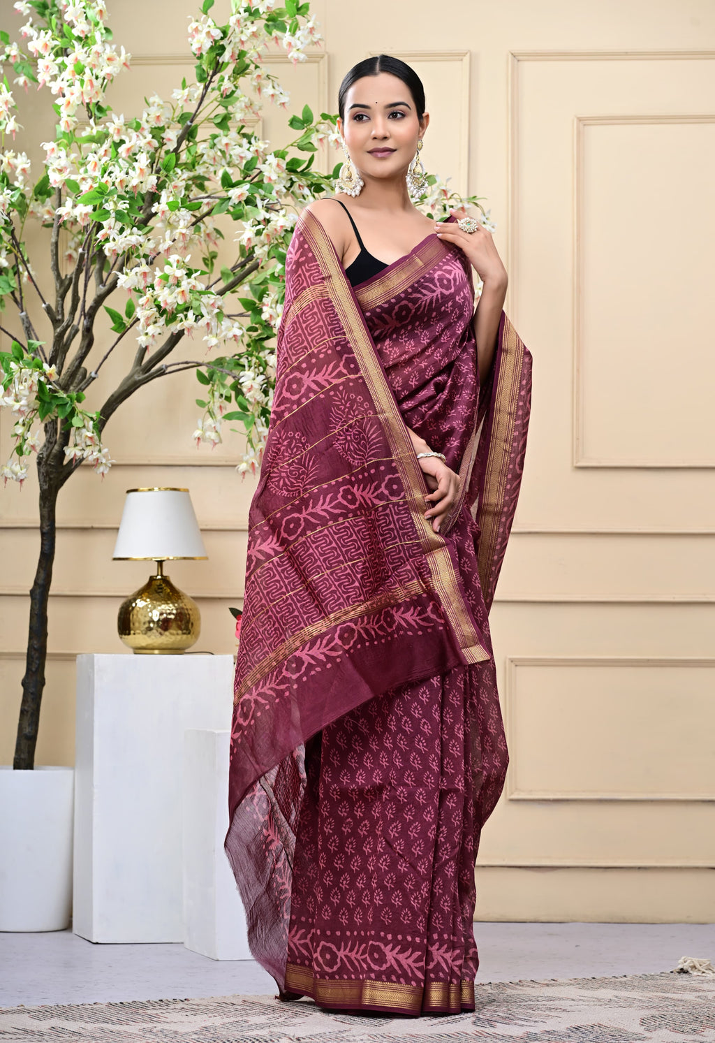 Royal Sangria Blockprinted Saree