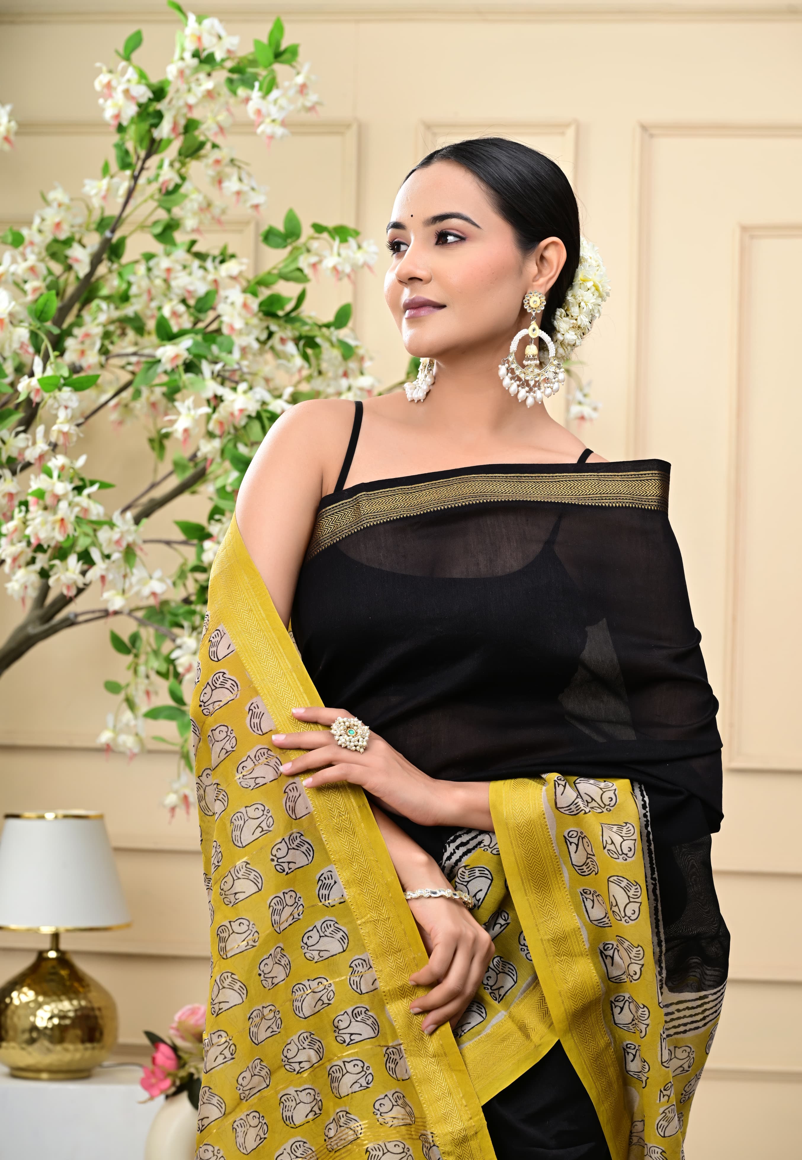 Midnight Marigold Blockprinted Saree