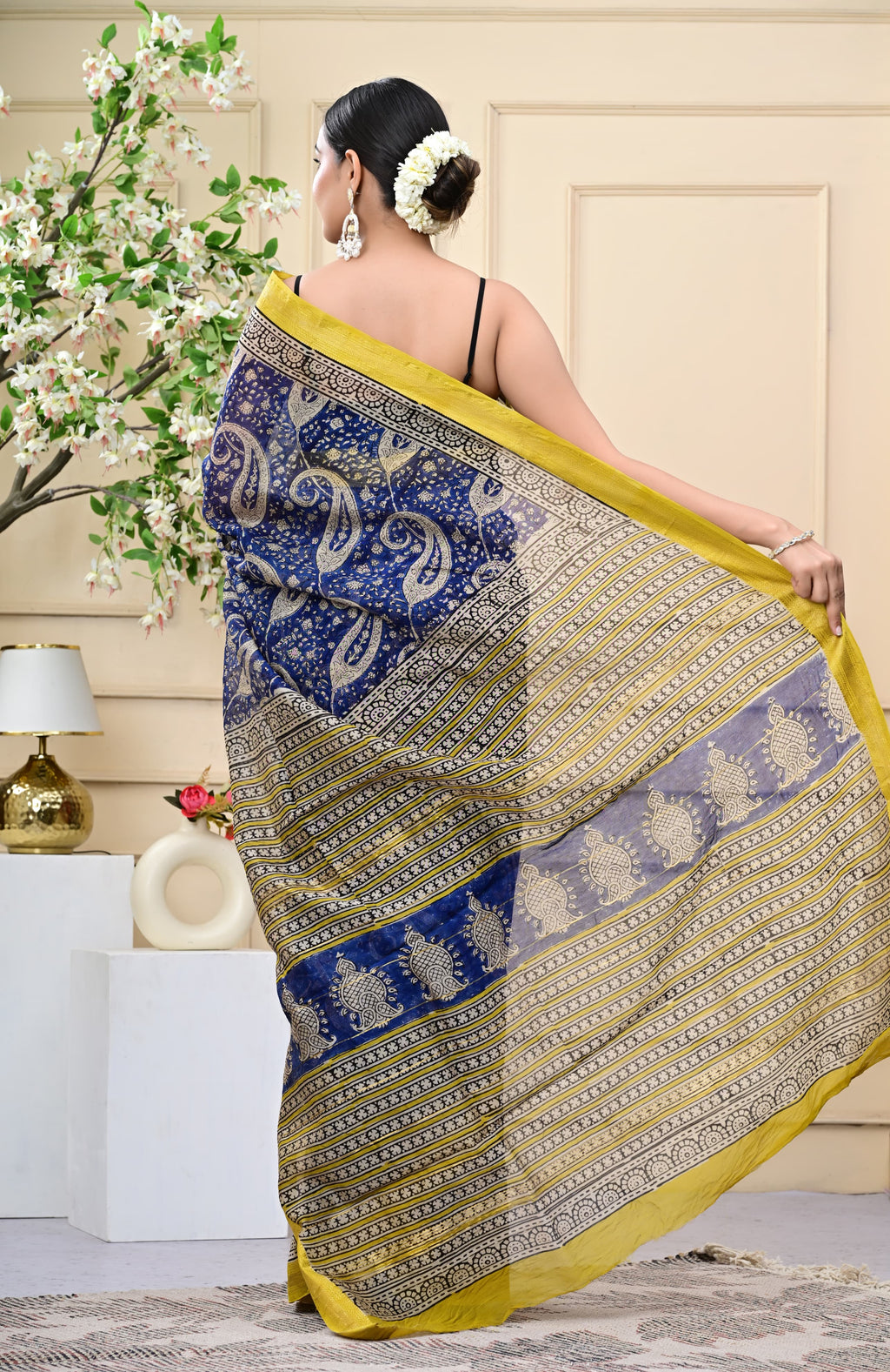 Sunpetal Sky Blockprinted Saree