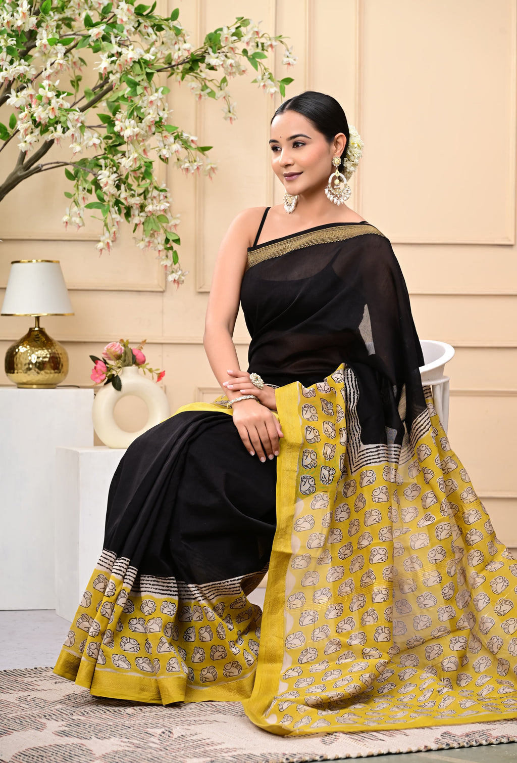 Midnight Marigold Blockprinted Saree
