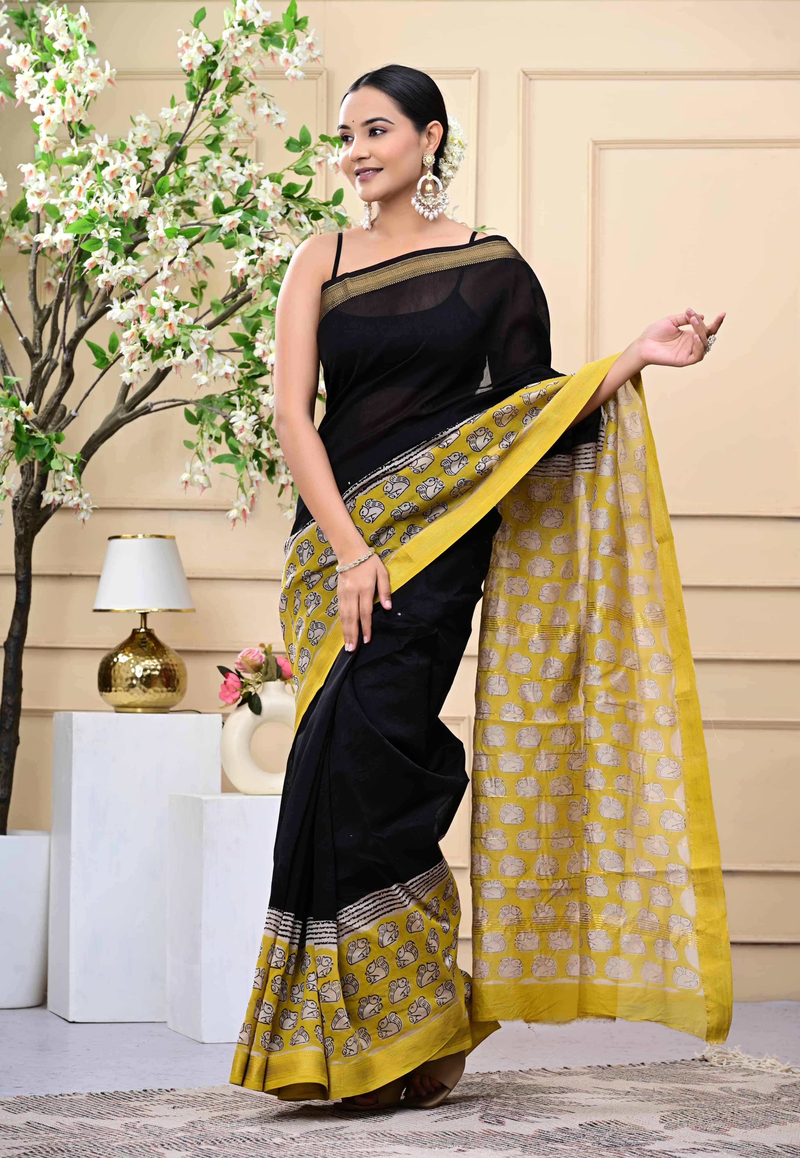 Midnight Marigold Blockprinted Saree