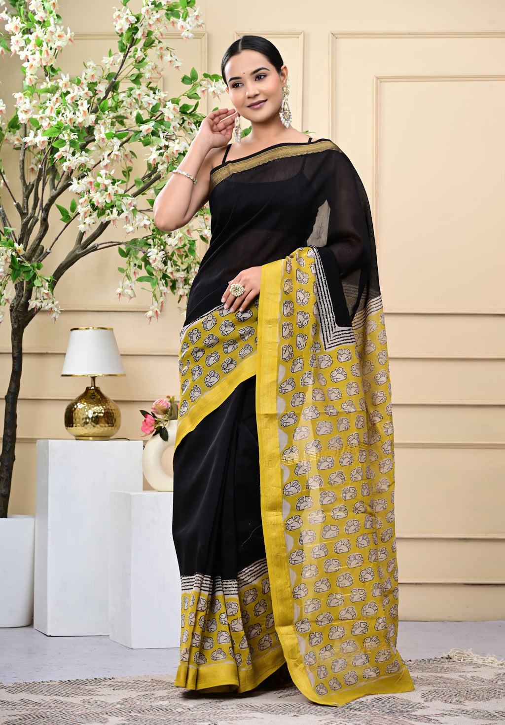 Midnight Marigold Blockprinted Saree