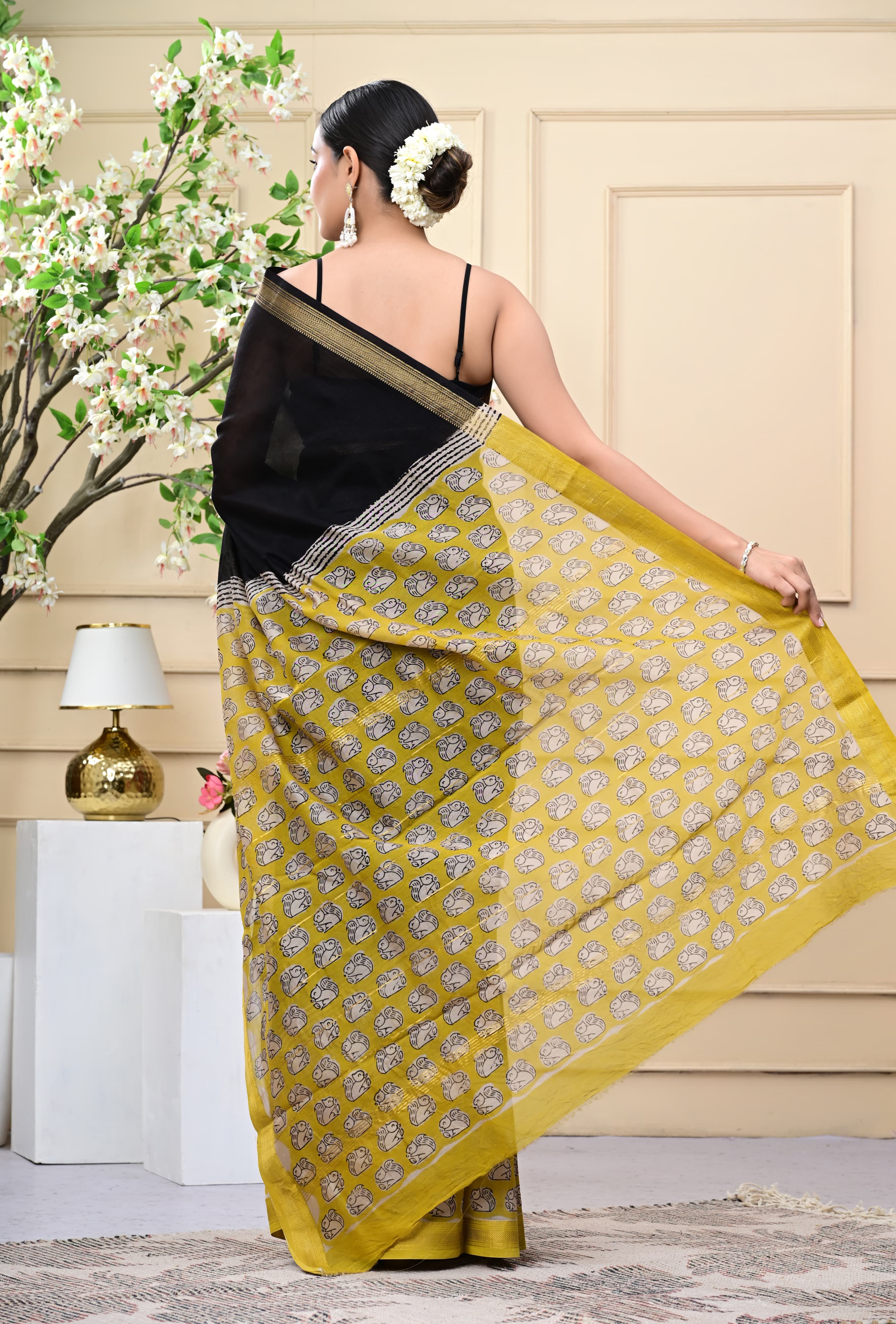 Midnight Marigold Blockprinted Saree