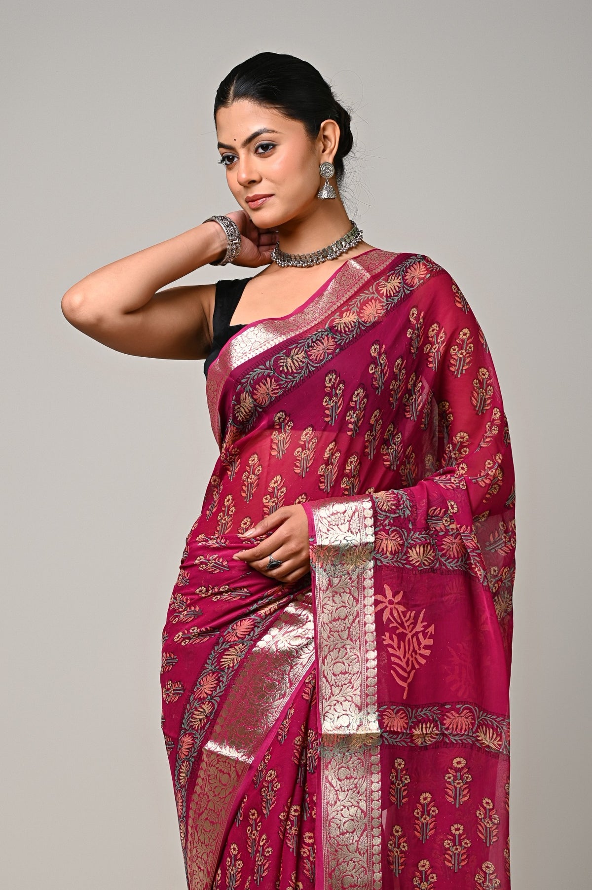 Burgundy Blossom chiffon saree floral handblock print and zari border close-up