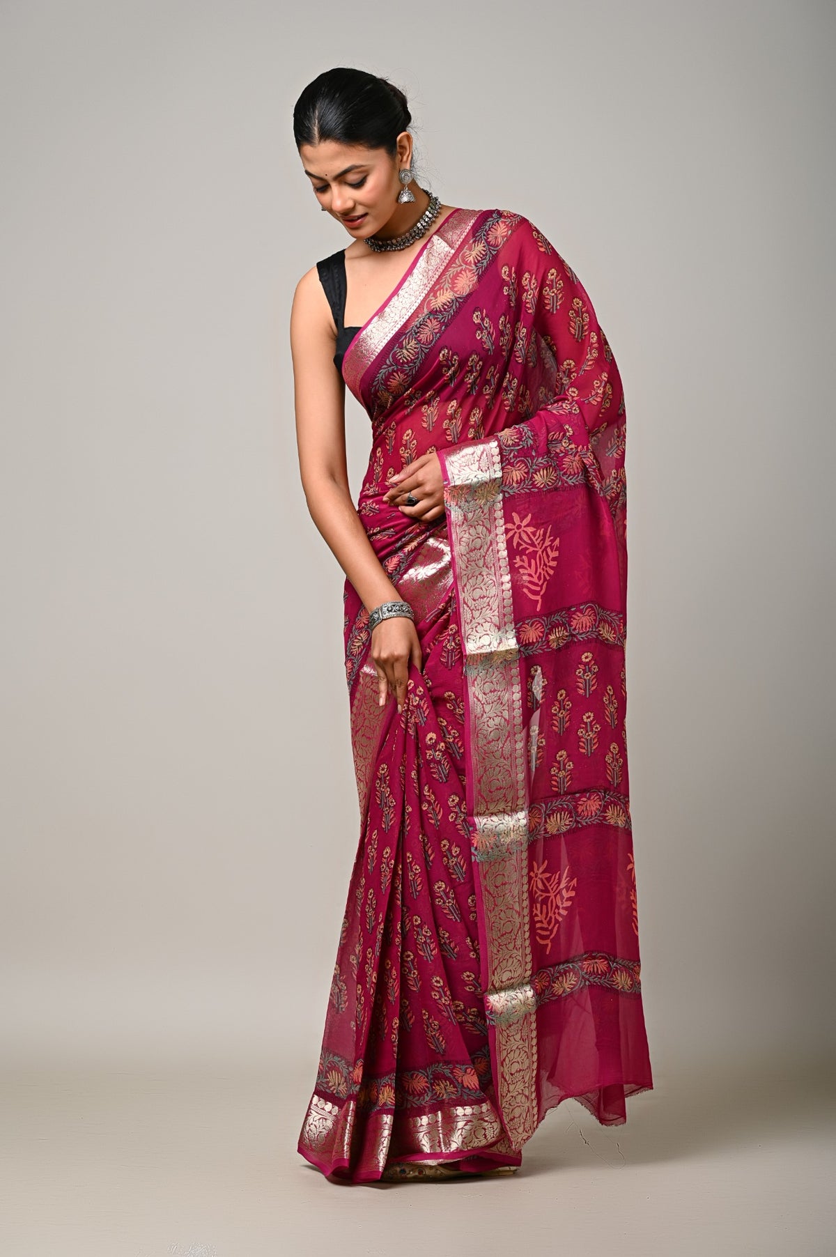 Burgundy Blossom viscose chiffon handblock printed saree drape and pallu view