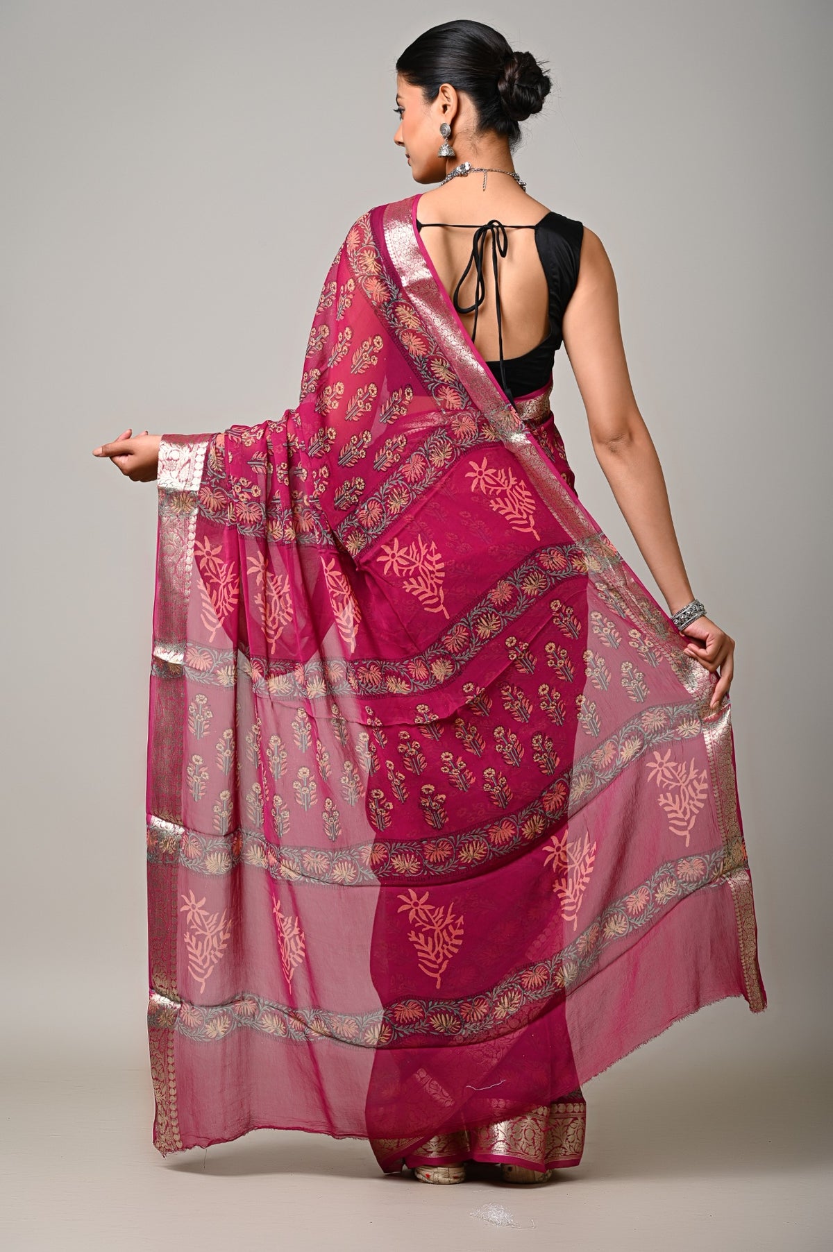 Burgundy Blossom viscose chiffon handblock printed saree detailed pallu back view