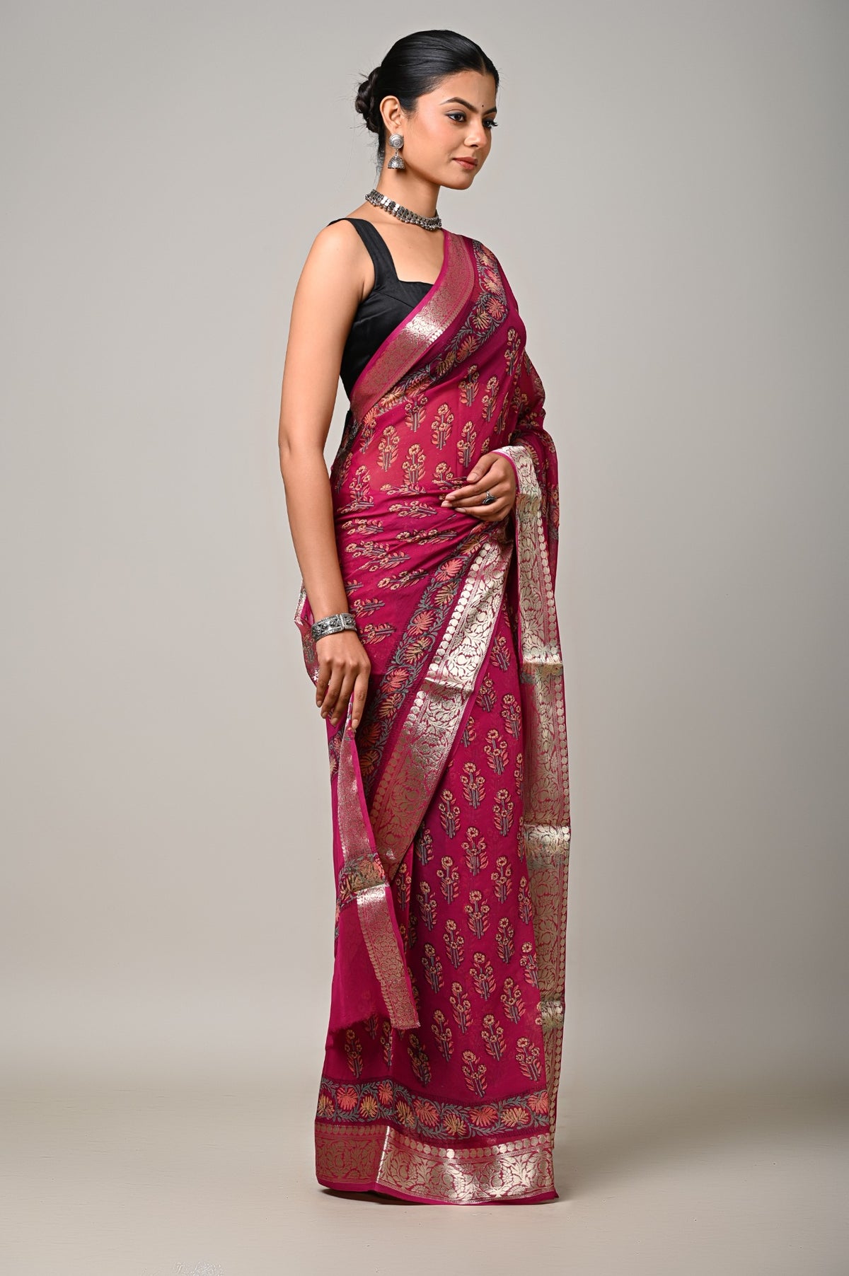 Burgundy Blossom burgundy viscose chiffon saree side full-length view