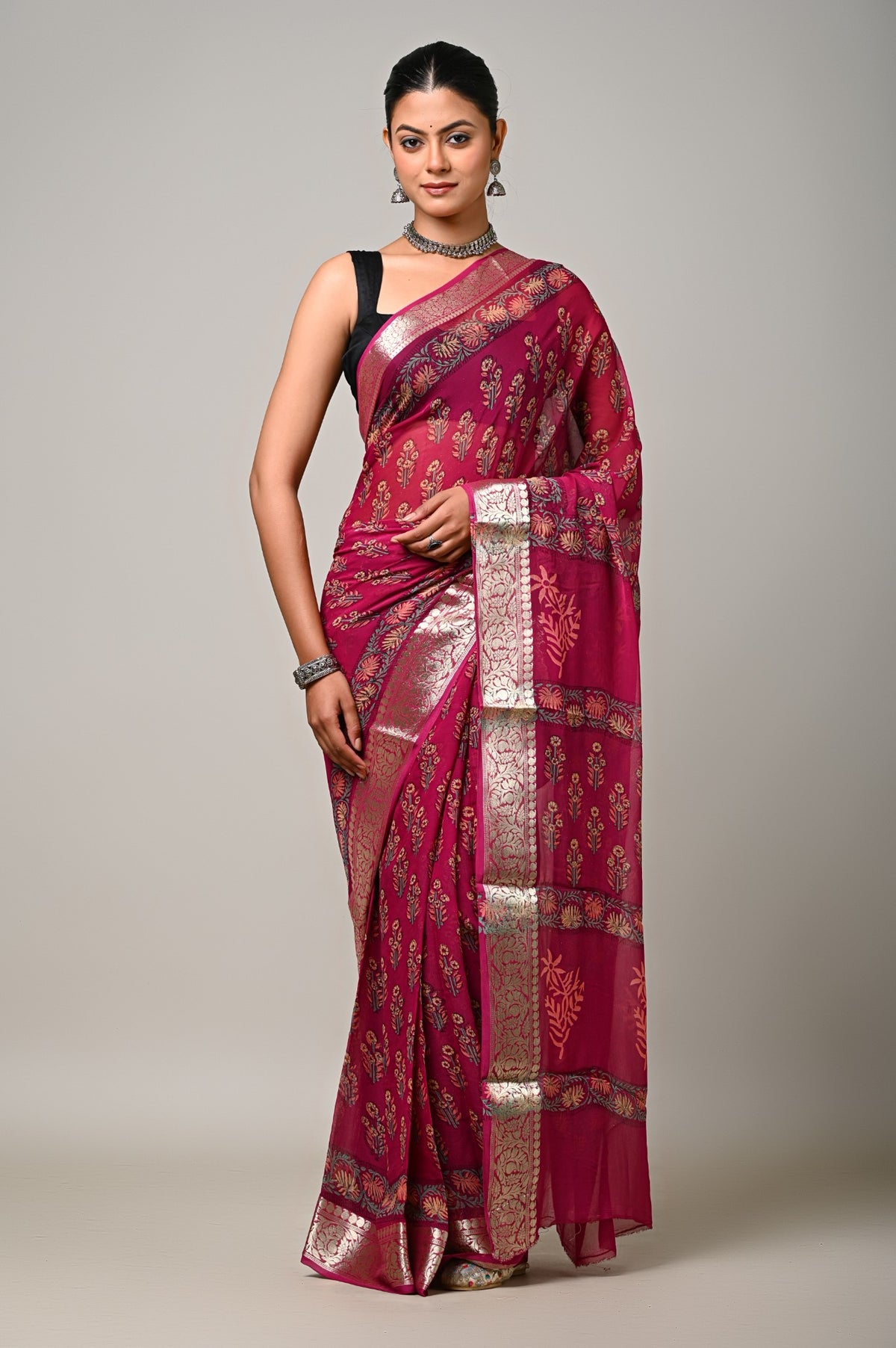 Burgundy Blossom viscose chiffon natural handblock printed saree full front view