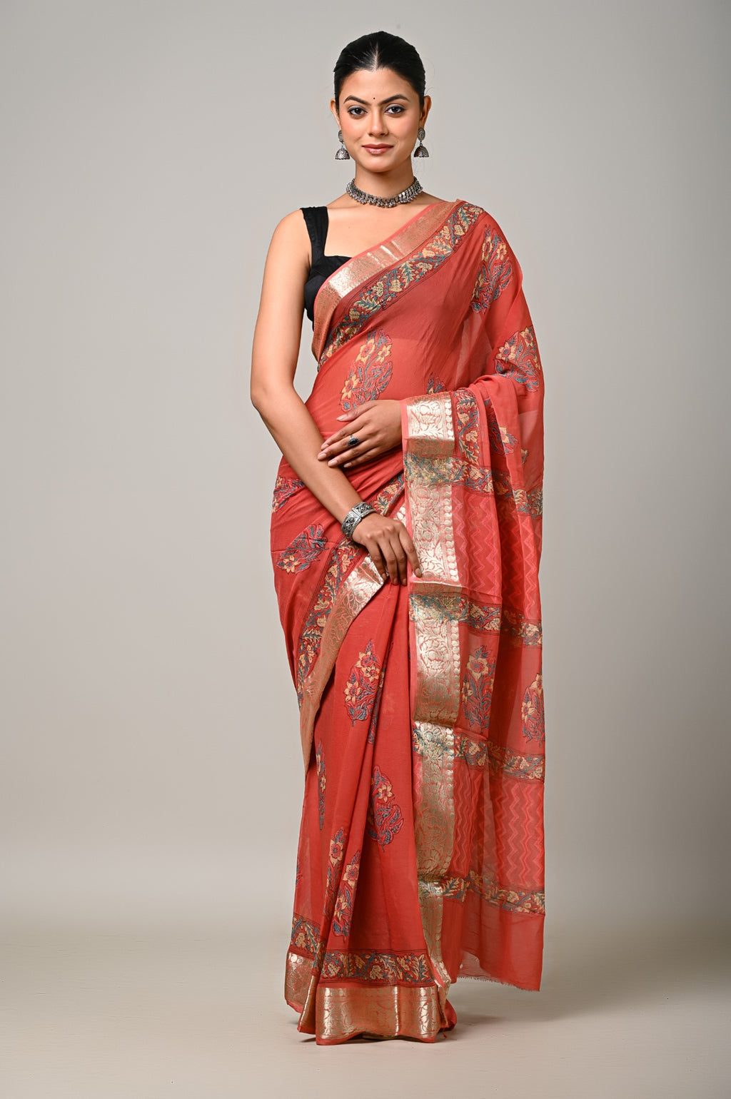 Coral handblock printed viscose chiffon saree with zari border