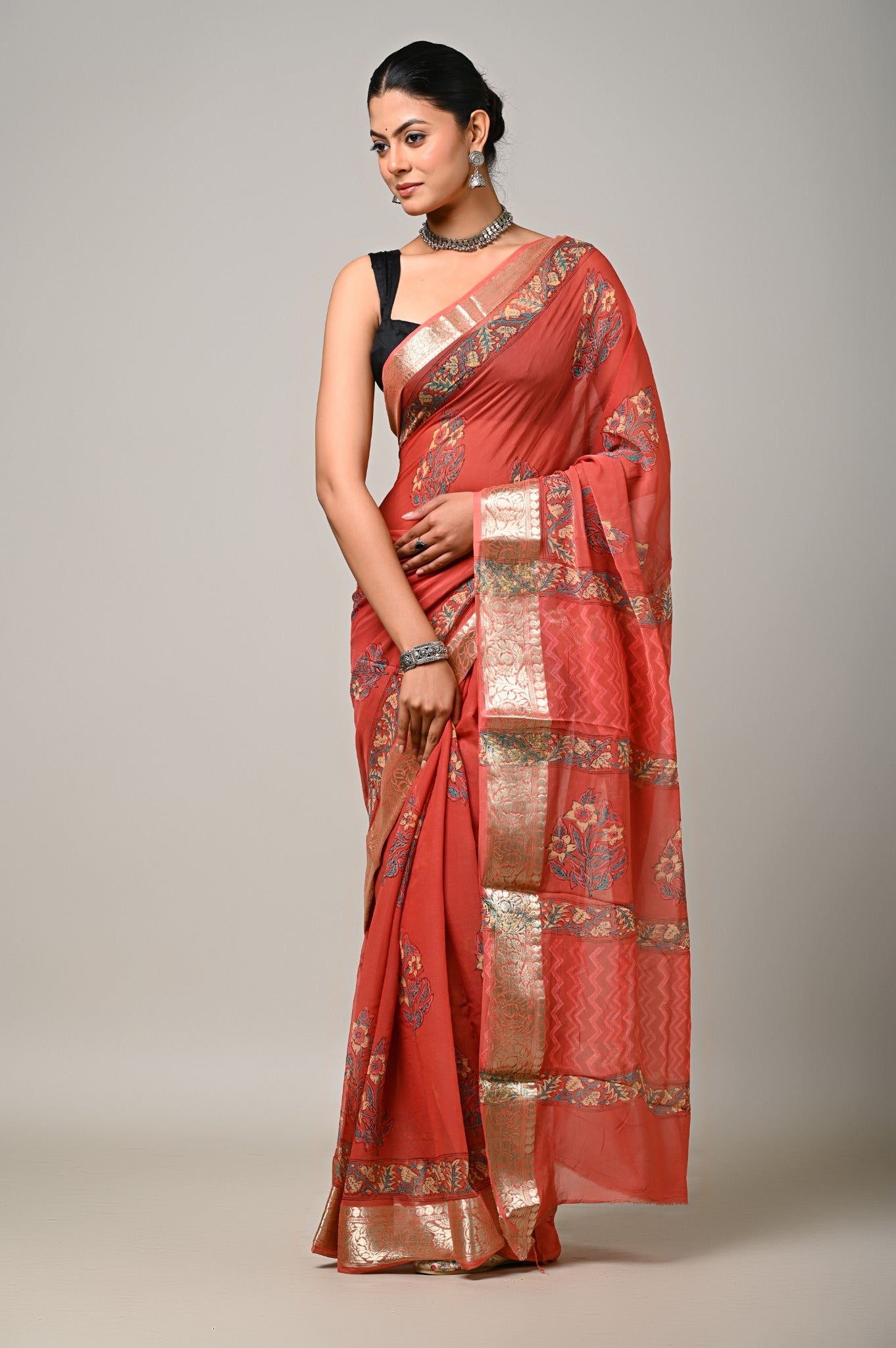 Coral Meher viscose chiffon handblock saree full front view