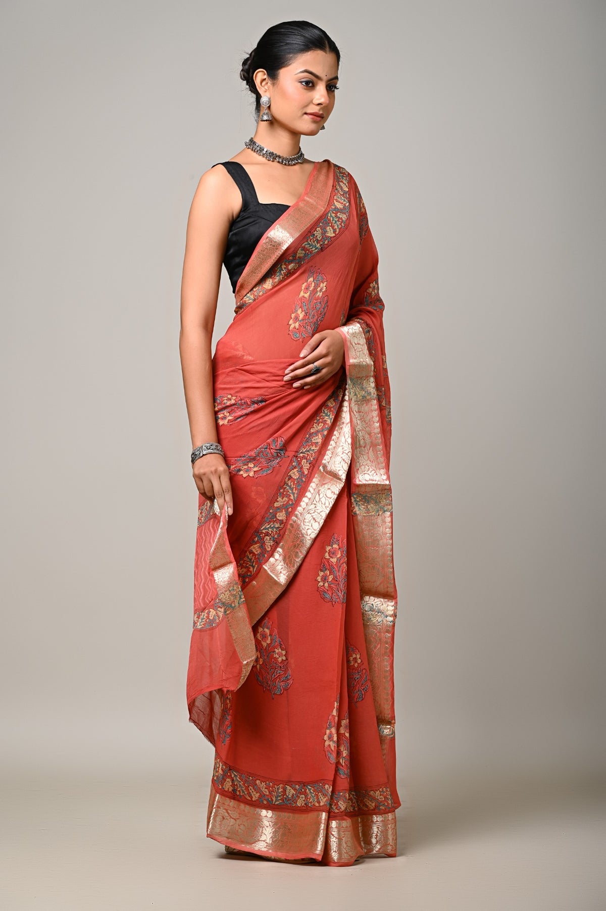 Coral Meher chiffon saree handblock floral motifs and pallu detail