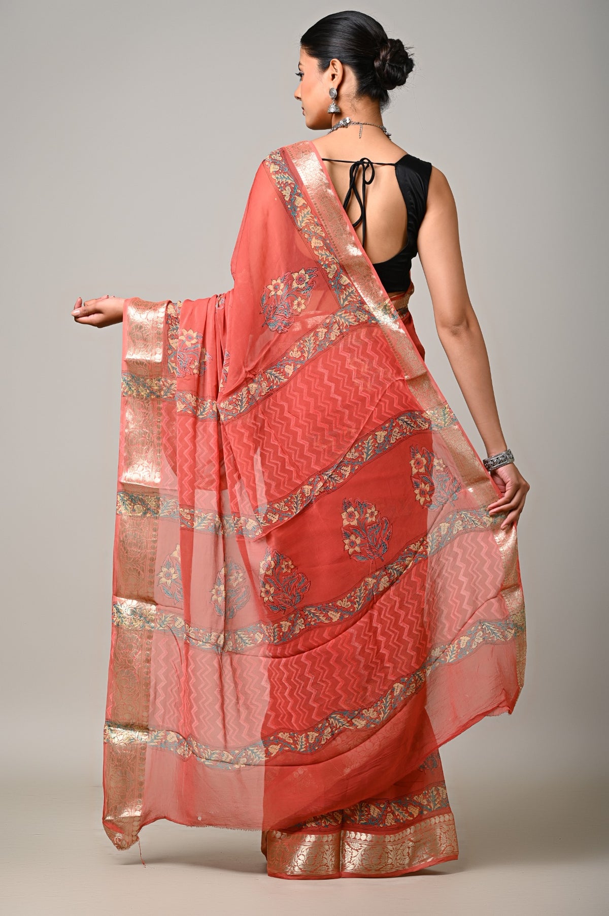Coral Meher handblock printed viscose chiffon saree back pallu view