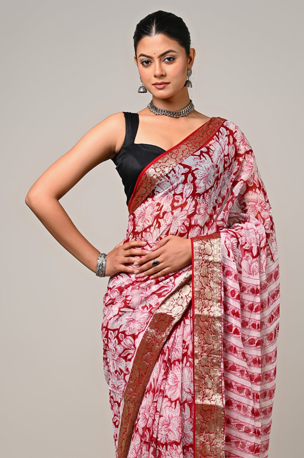 Crimson Ivory Bloom chiffon saree floral print and woven border detail