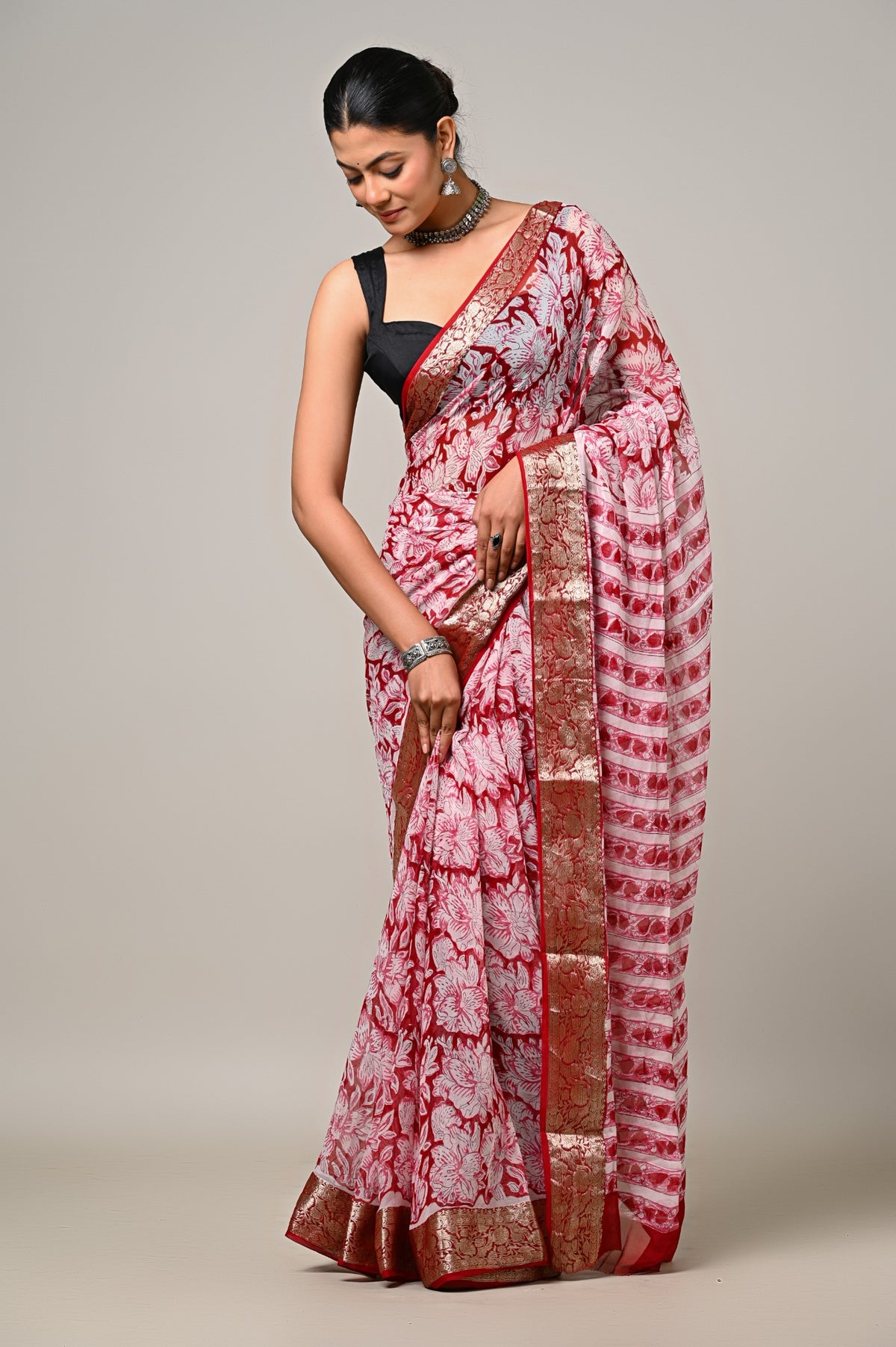 Crimson Ivory Bloom handblock printed chiffon saree drape view