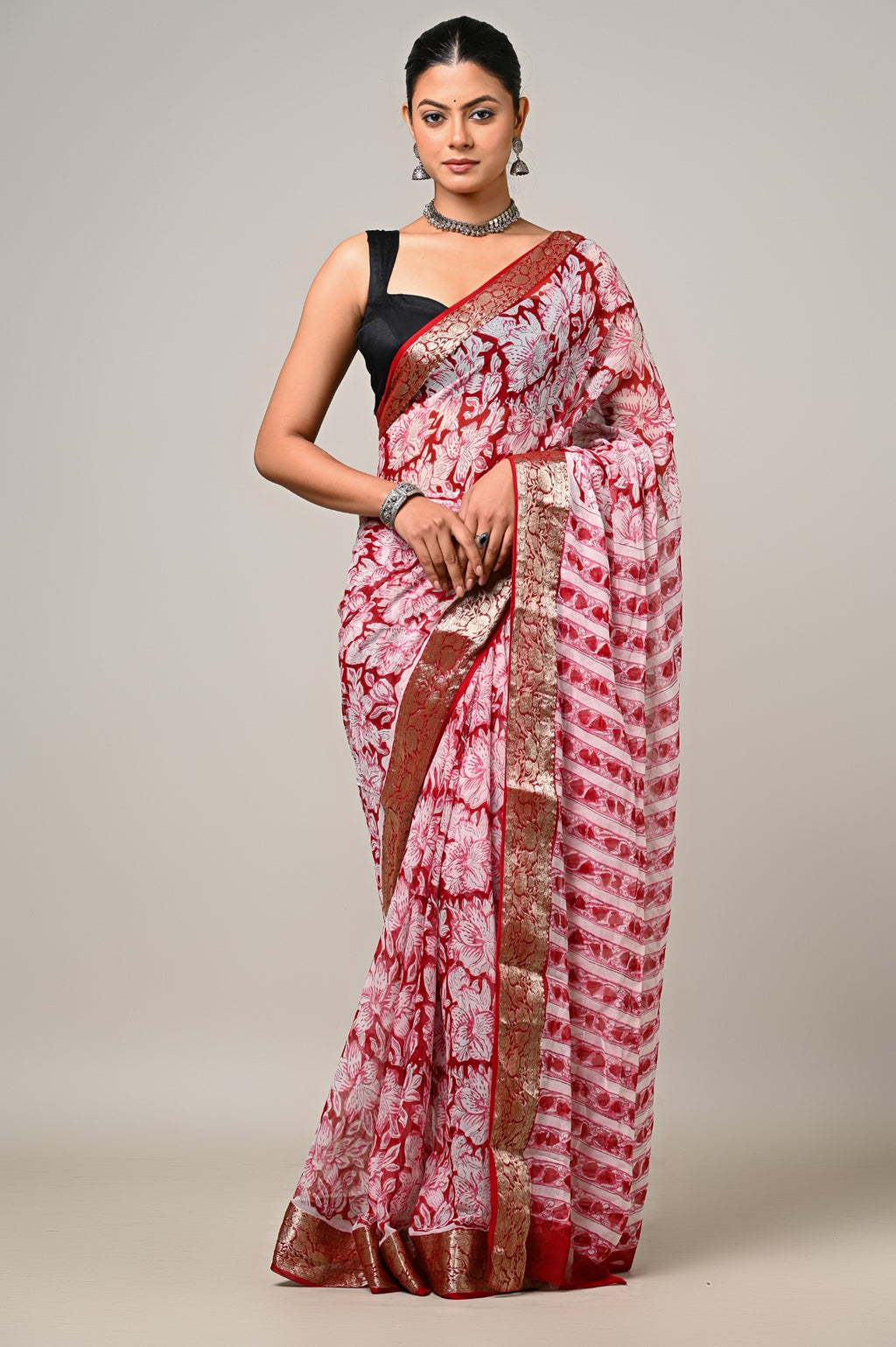 Crimson Ivory Bloom handblock printed chiffon saree full front view