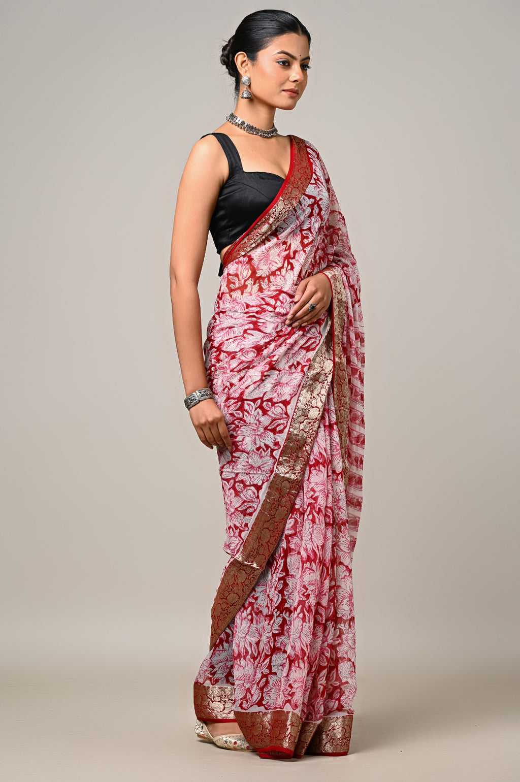 Crimson Ivory Bloom handblock printed chiffon saree side view
