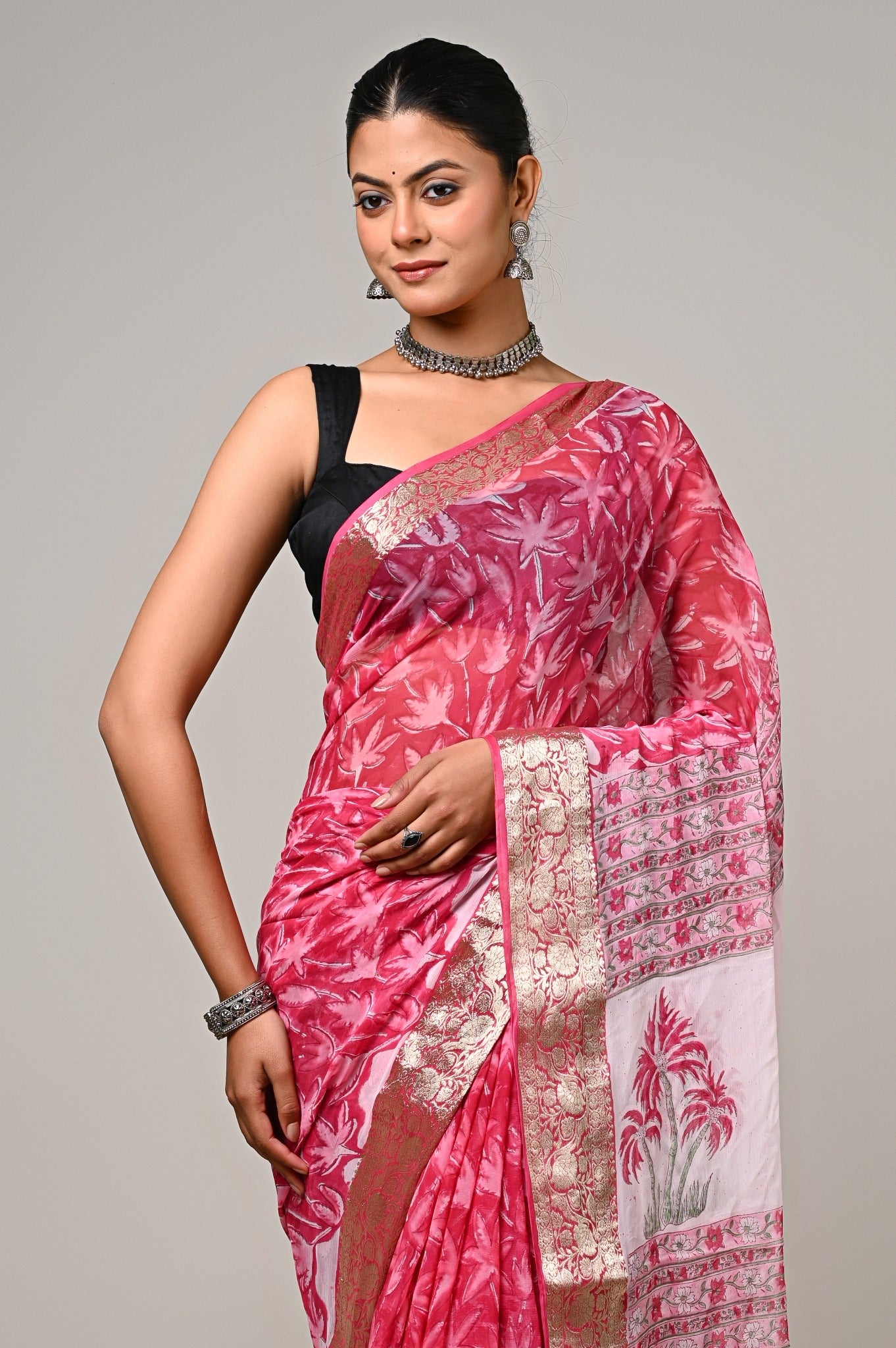 Gulabi Palm handblock printed chiffon saree drape view
