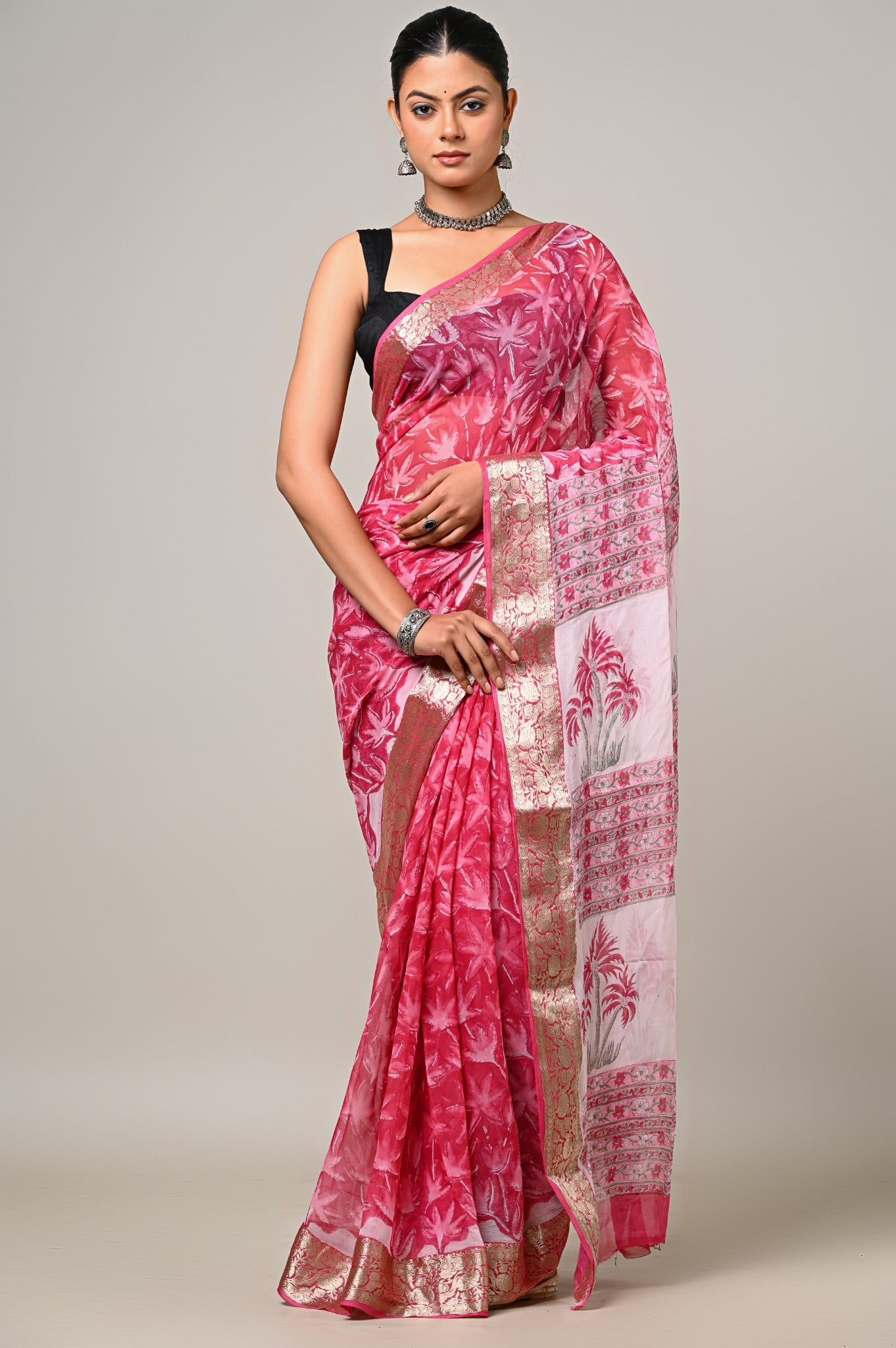 Gulabi Palm handblock printed chiffon saree full front view