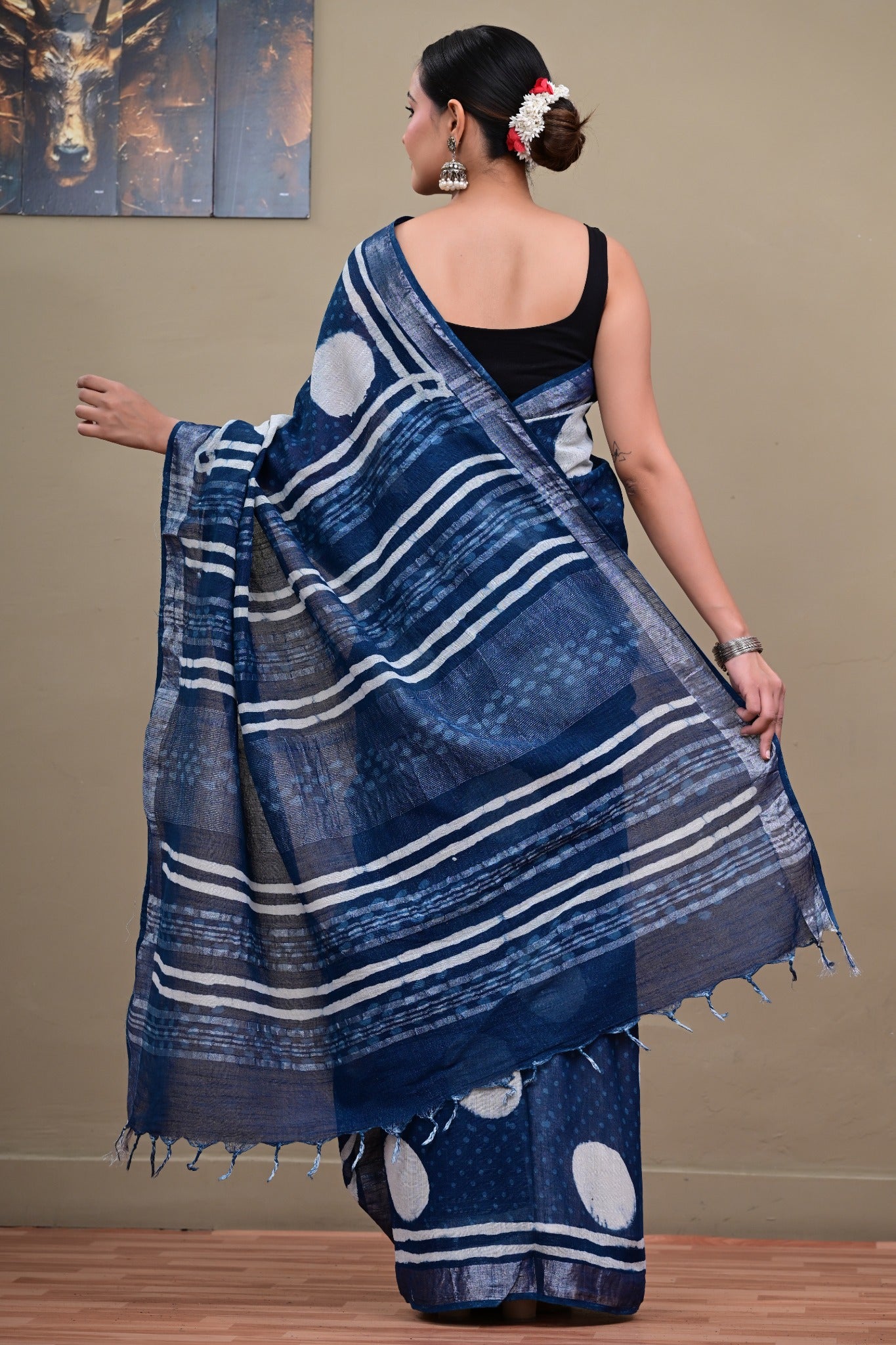 Indigo Orbit linen cotton handblock printed saree pallu view