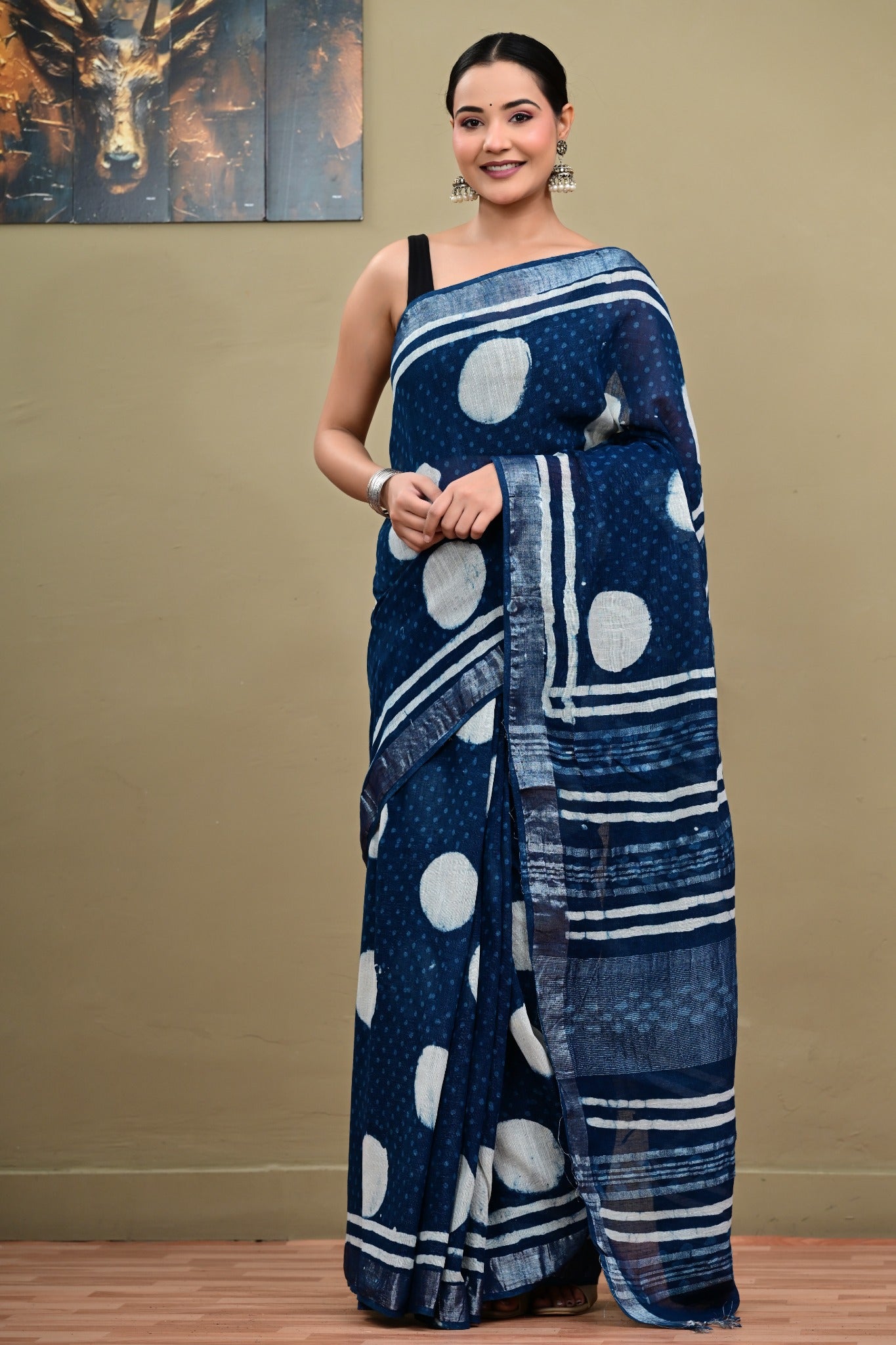 Indigo Orbit indigo linen cotton handblock printed saree front view