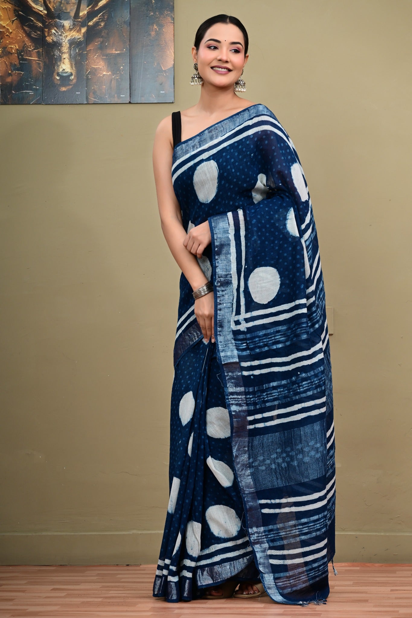 Indigo Orbit linen cotton saree full drape view