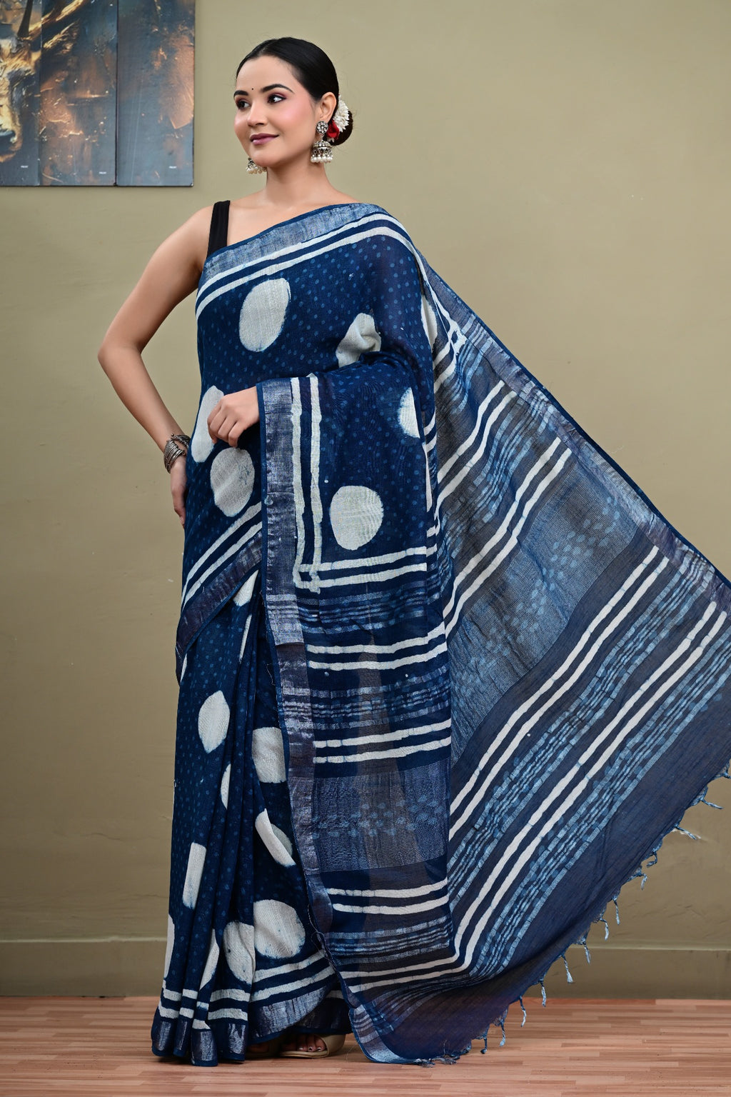 Indigo Orbit handblock printed linen cotton saree open pallu view