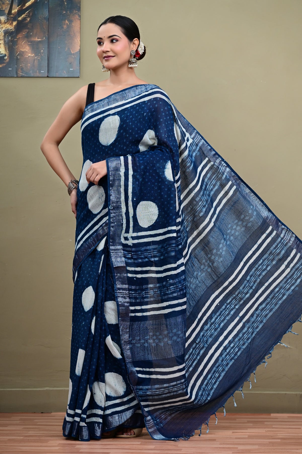 Indigo Orbit handblock printed linen cotton saree open pallu view