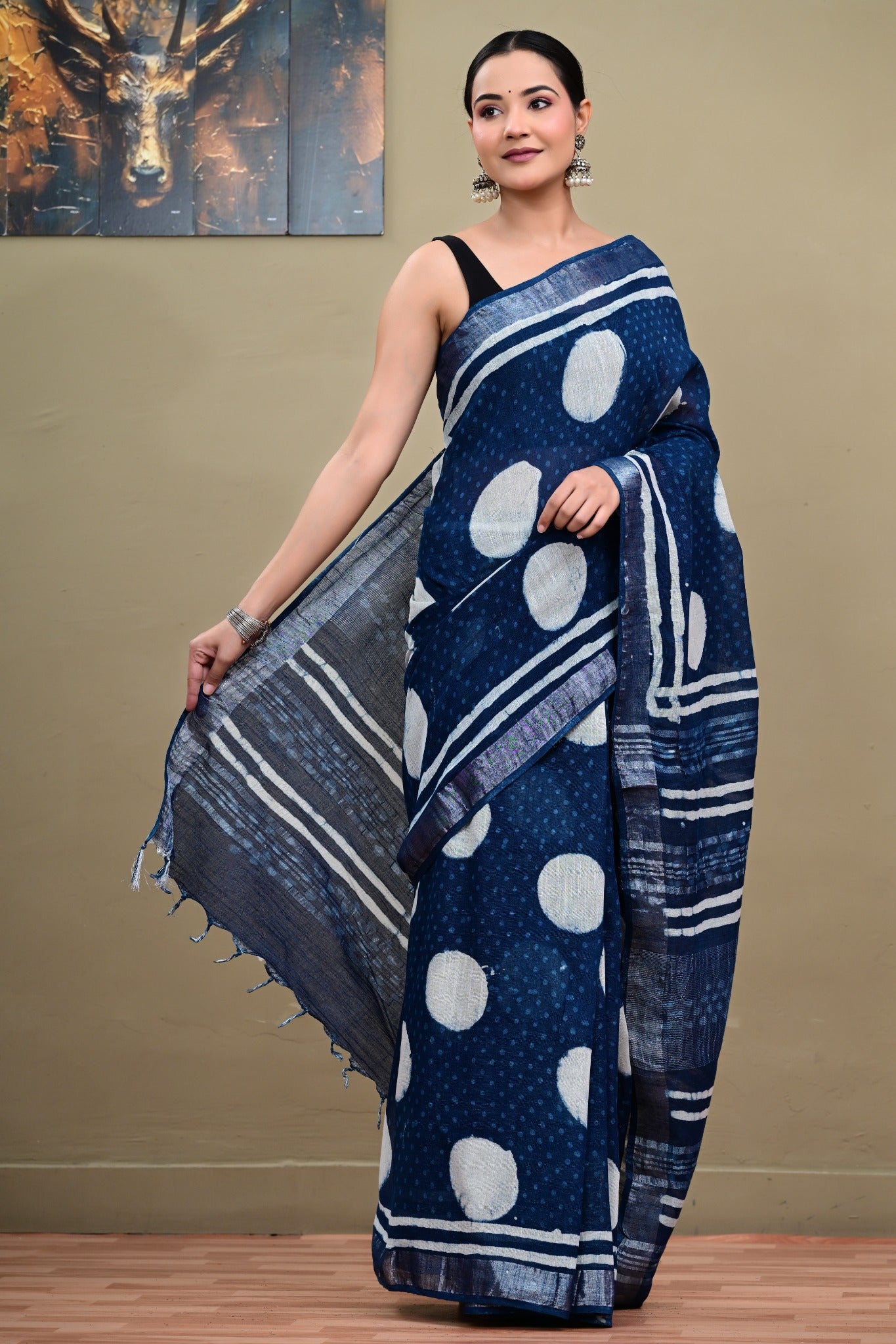 Indigo Orbit navy and ivory linen cotton saree front view