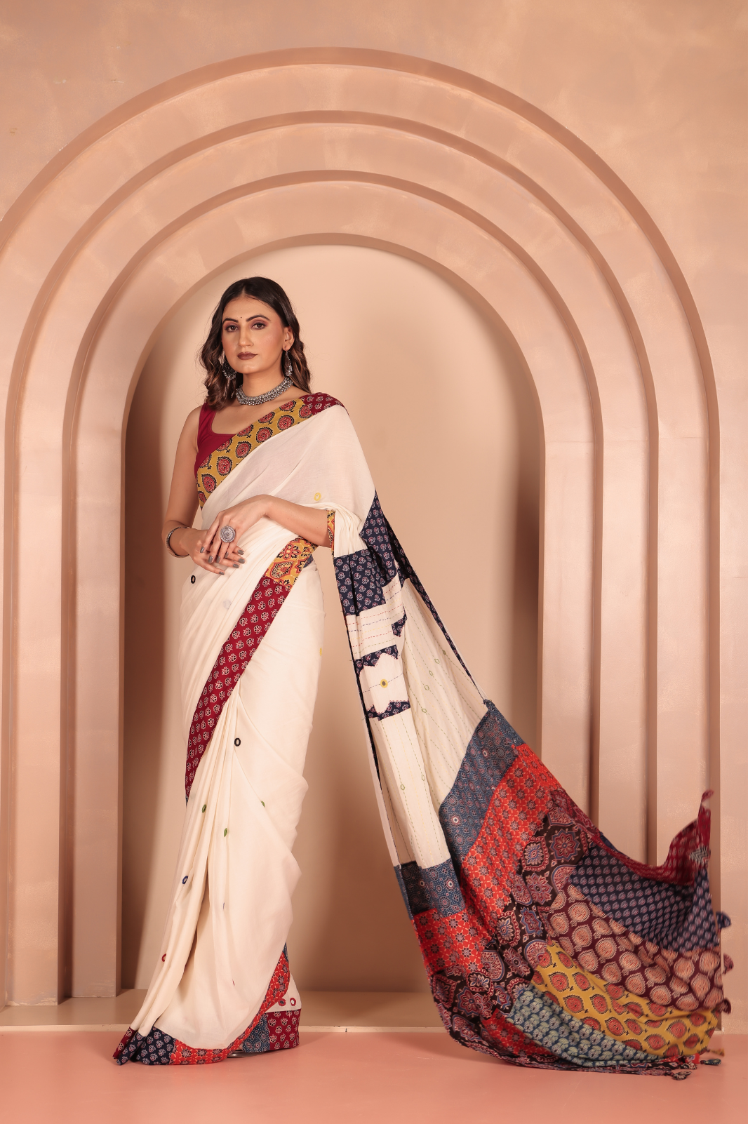 Cotton Applique work saree white