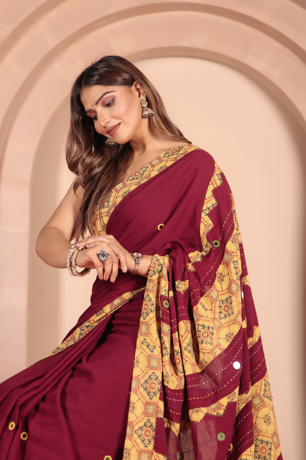 Cotton Applique work saree in Maroon Golden