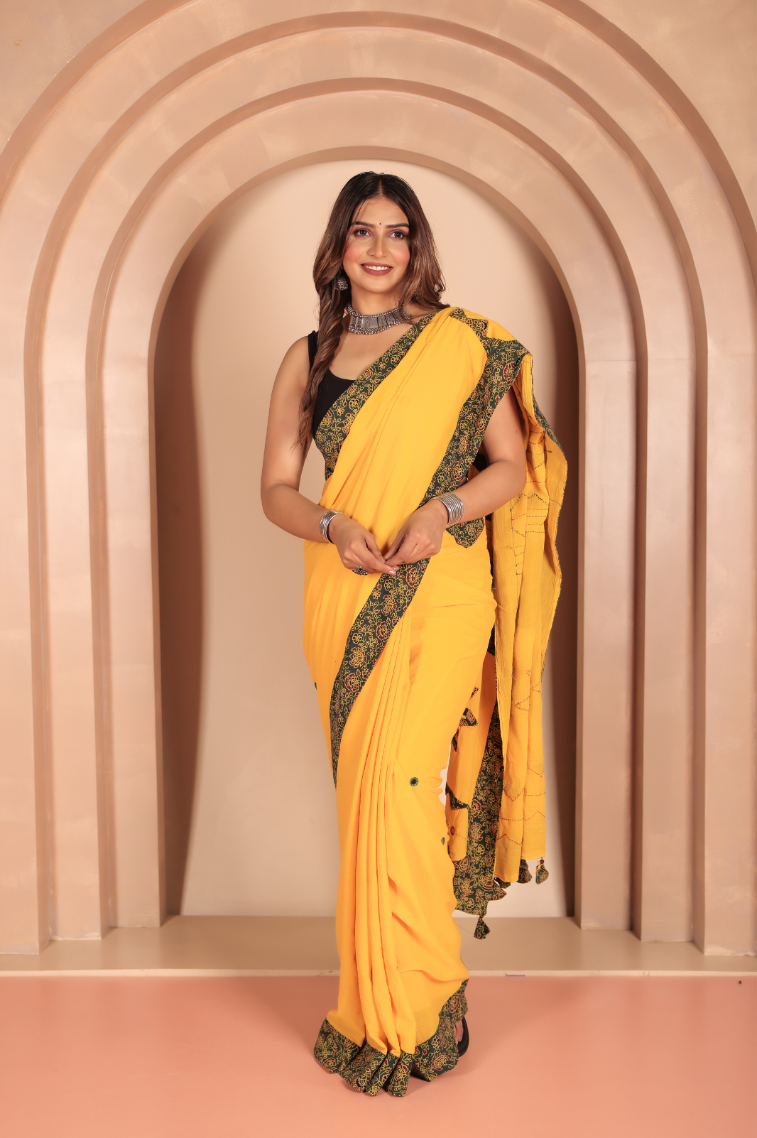 Cotton Applique work saree in yellow and black