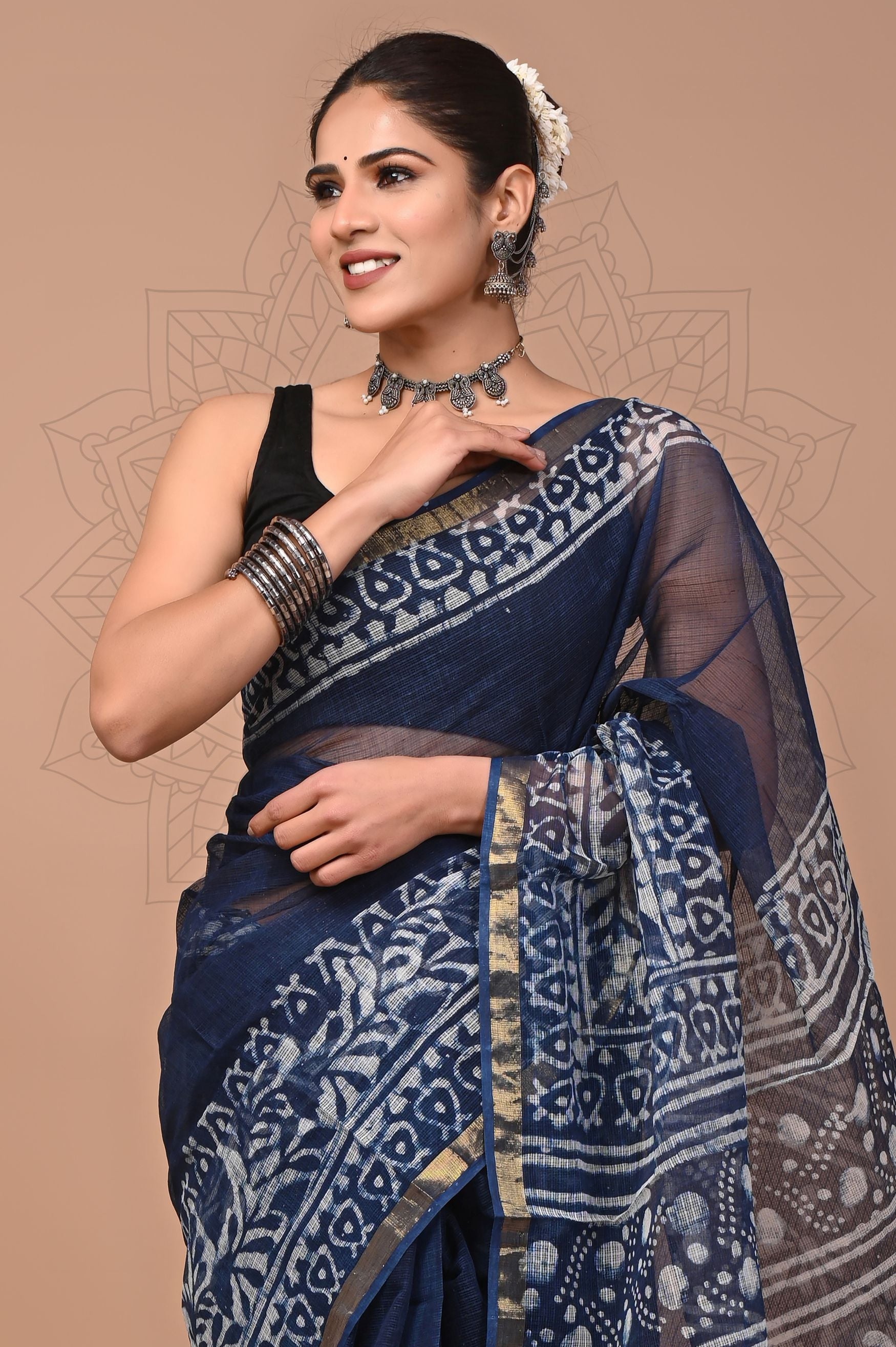 Blue Vein Blockprinted Saree