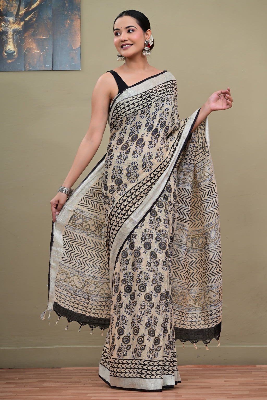 Neel Dhara handblock printed linen cotton saree