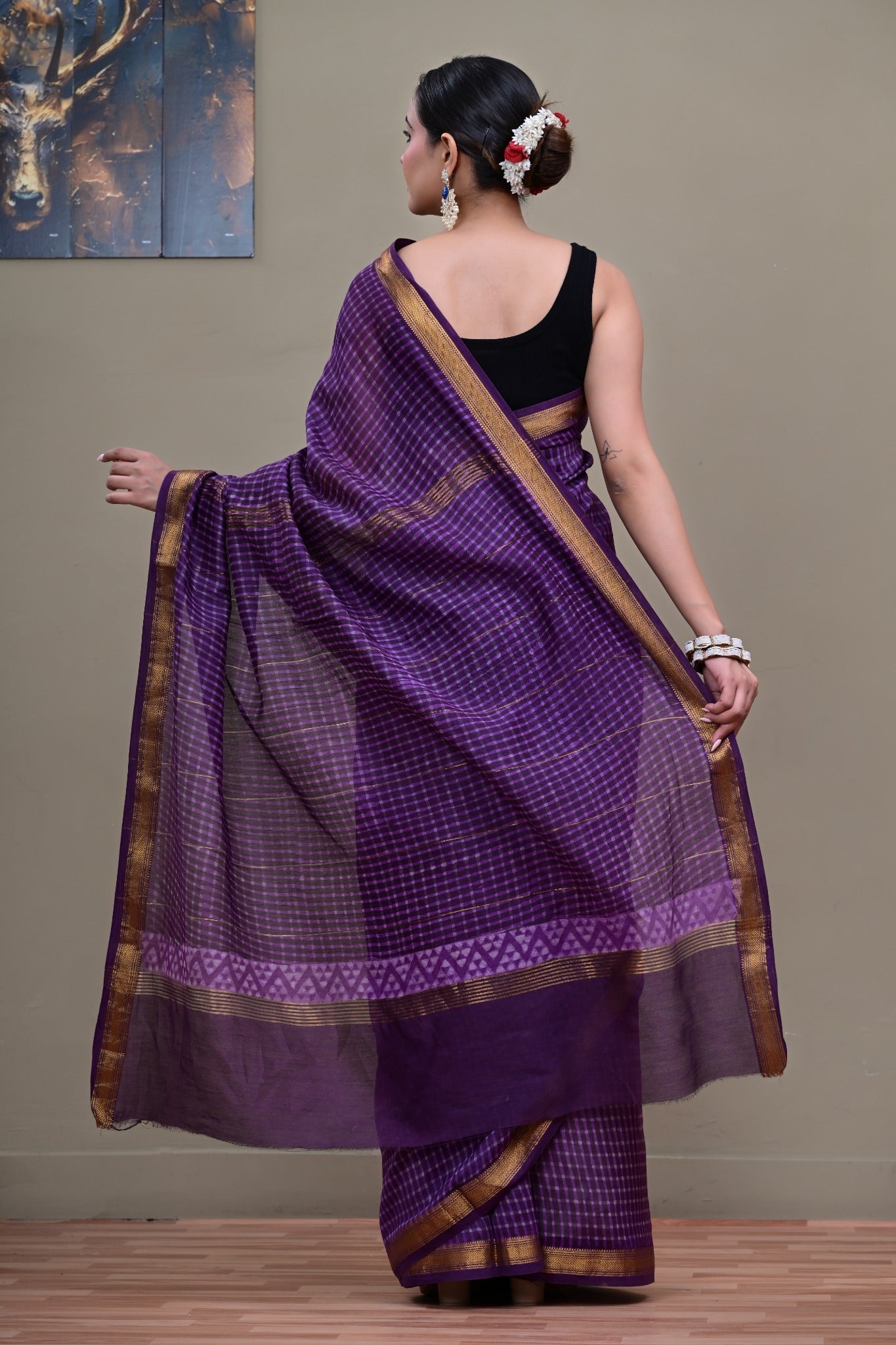 Jamuni Jharokha handblock printed Maheshwari saree