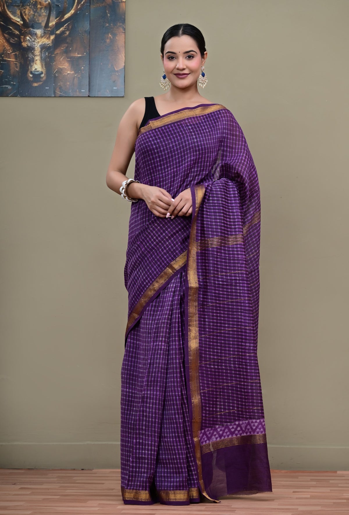 Jamuni Jharokha purple Maheshwari saree front view