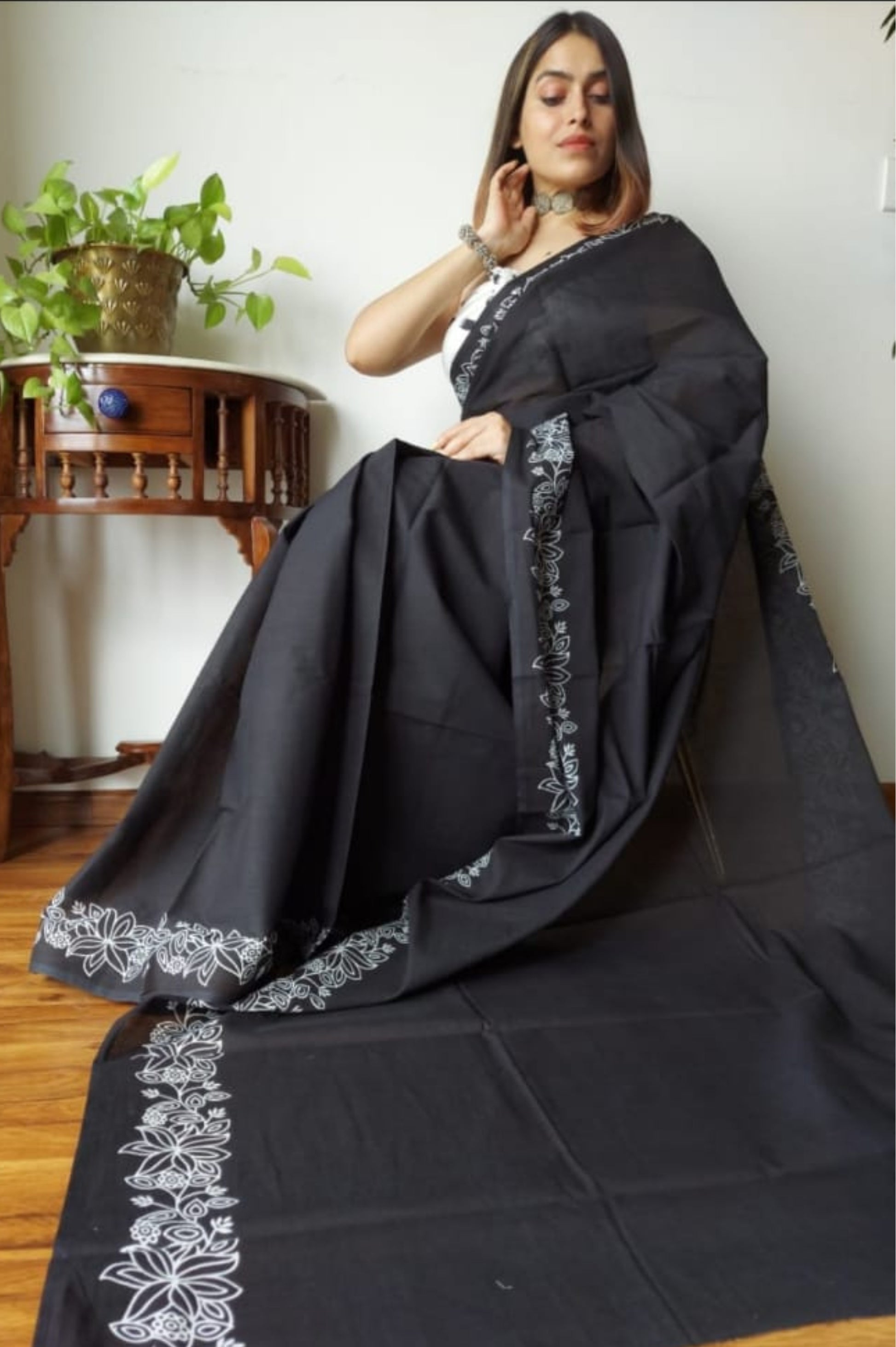 Black Traditional Indian MulMul Cotton Saree