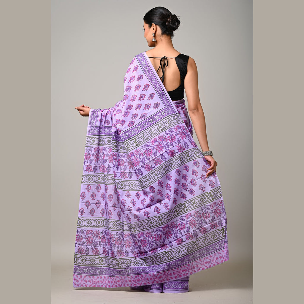 Lavender Gulzar handblock printed mulmul cotton saree full pallu view