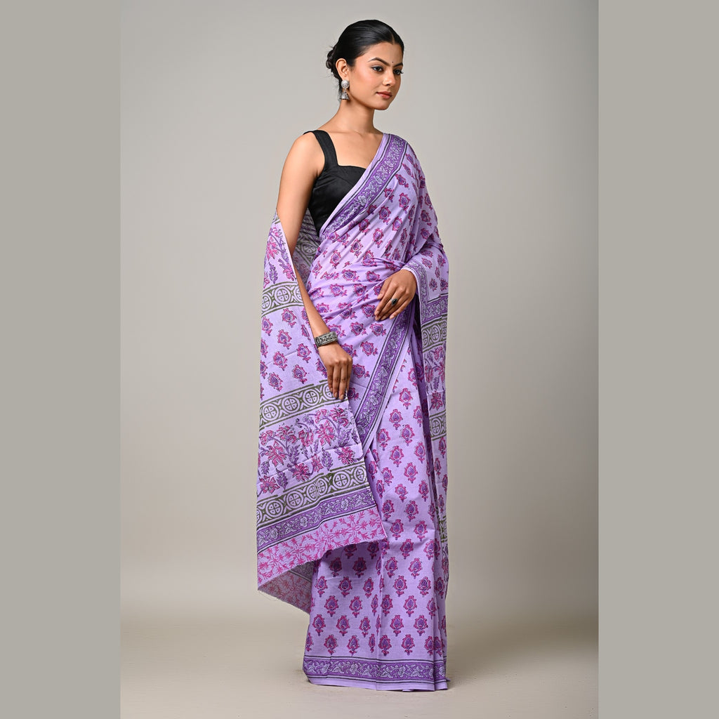 Lavender Gulzar handblock printed mulmul cotton saree front view