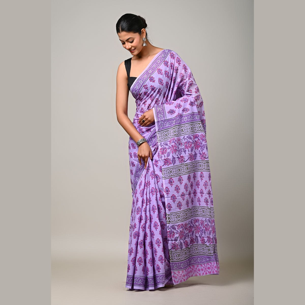 Lavender Gulzar handblock printed mulmul cotton saree drape view