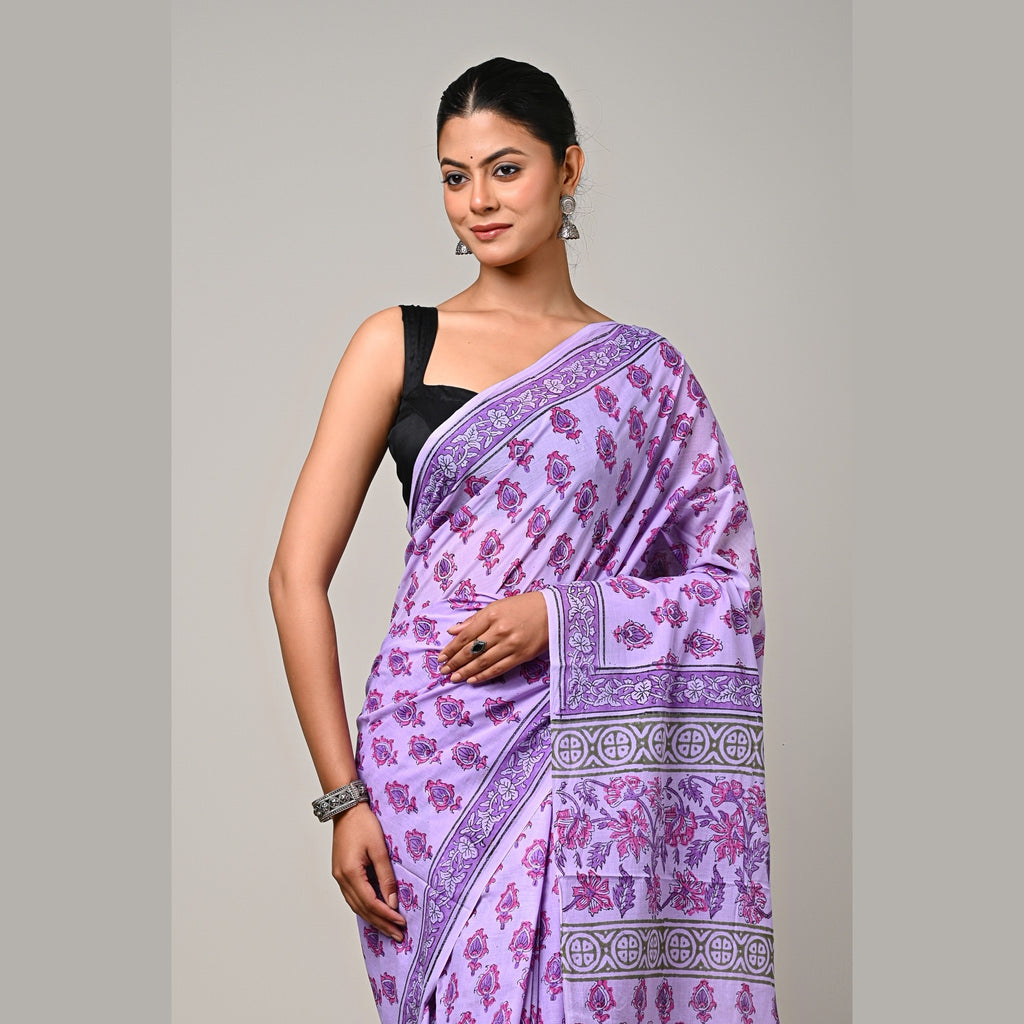 Lavender Gulzar handblock printed mulmul cotton saree close-up view