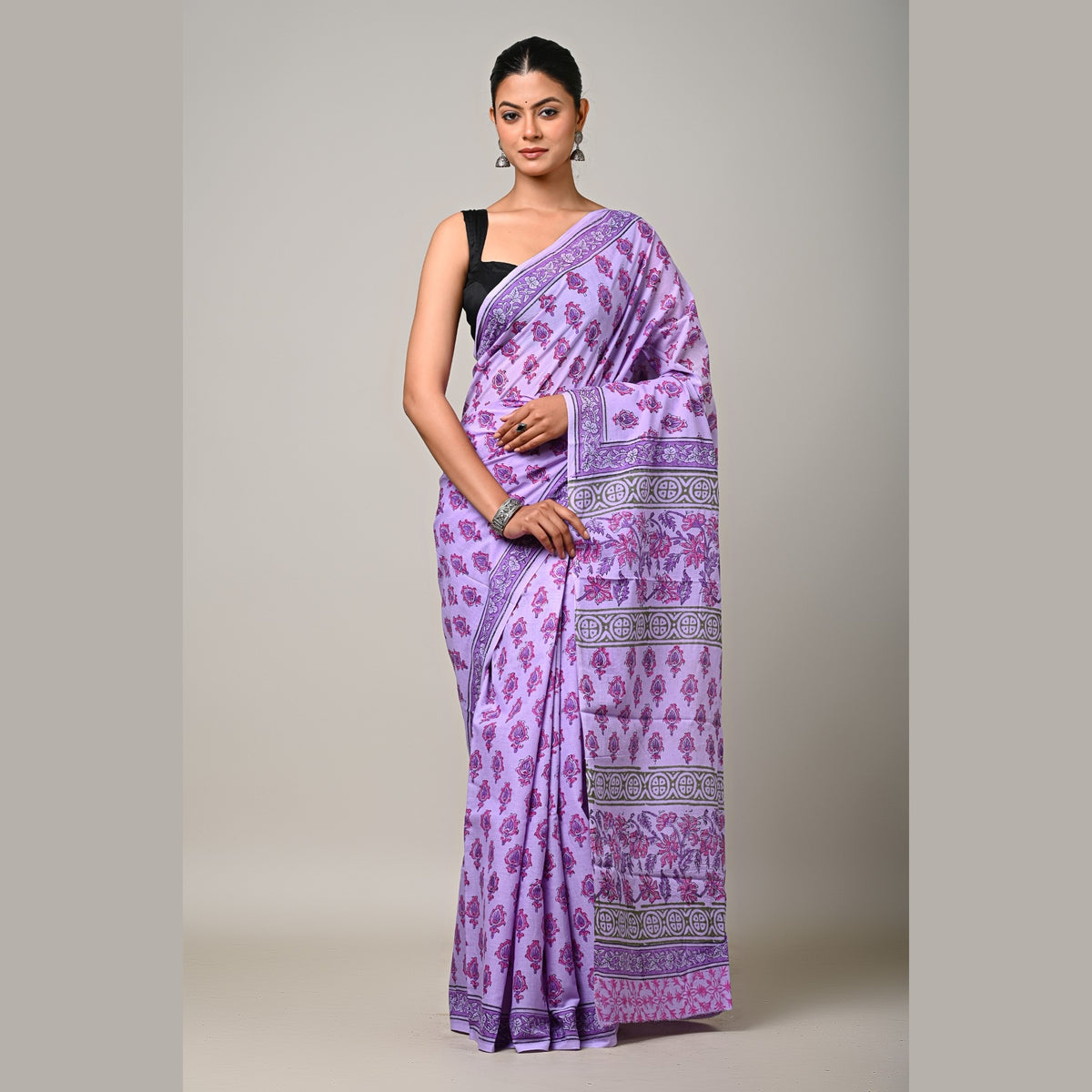 Lavender Gulzar handblock printed mulmul cotton saree full front view