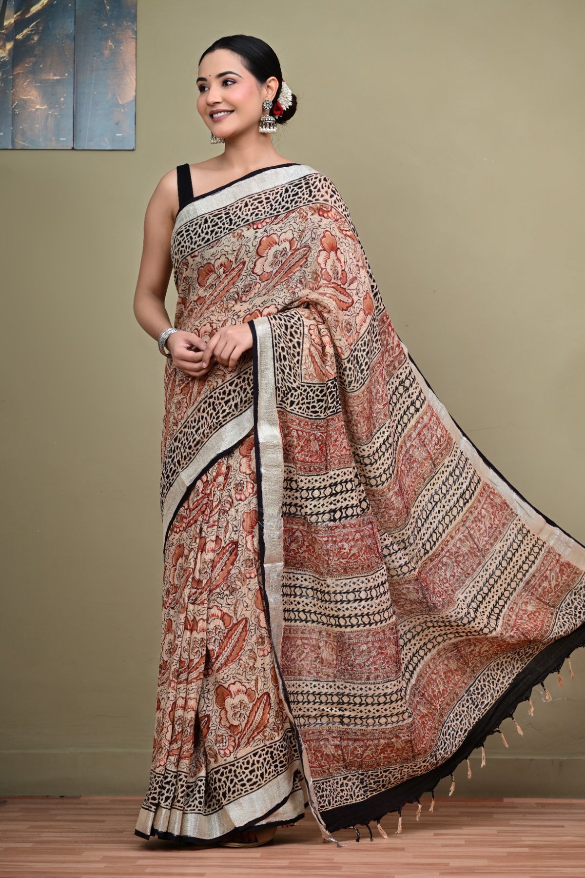 Mitti Gulab handblock printed linen cotton saree